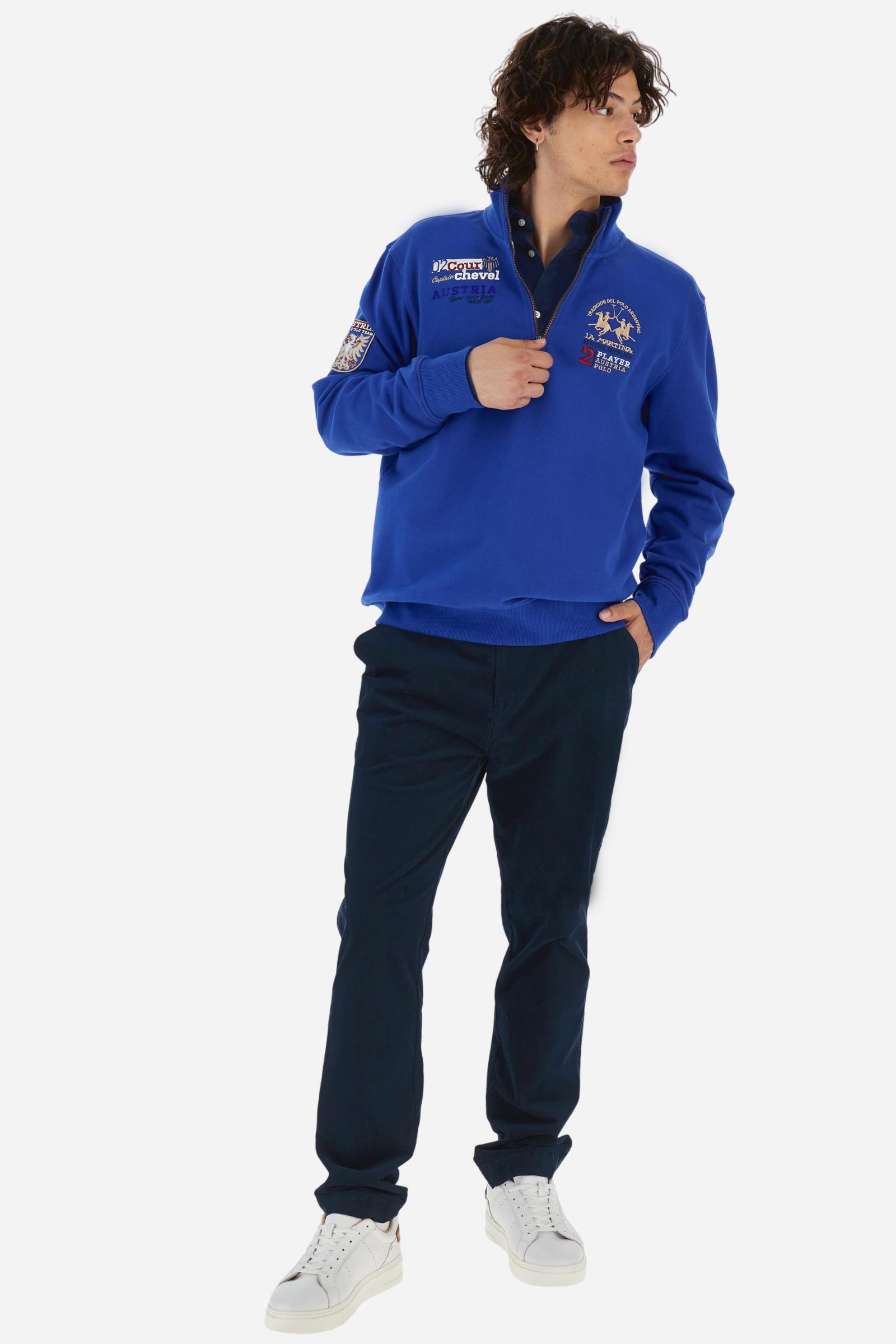 Men’s cotton half‑zip mock‑neck sweatshirt. Regular fit with multicolour graphics inspired by Snow Polo and mountain resorts. - Surf The Web (Royal)