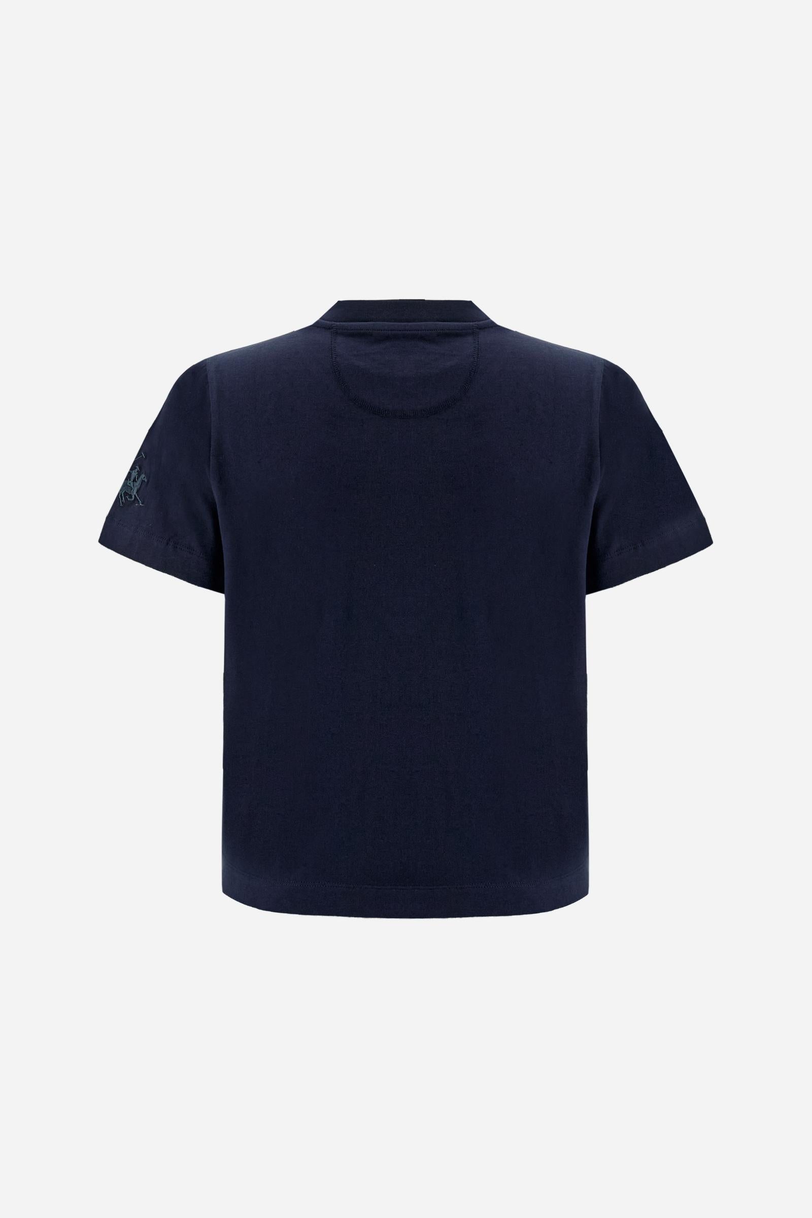 Women’s cotton jersey T-shirt with boxy fit and ribbed collar. Maxi embroidered logo on the sleeve. - Navy