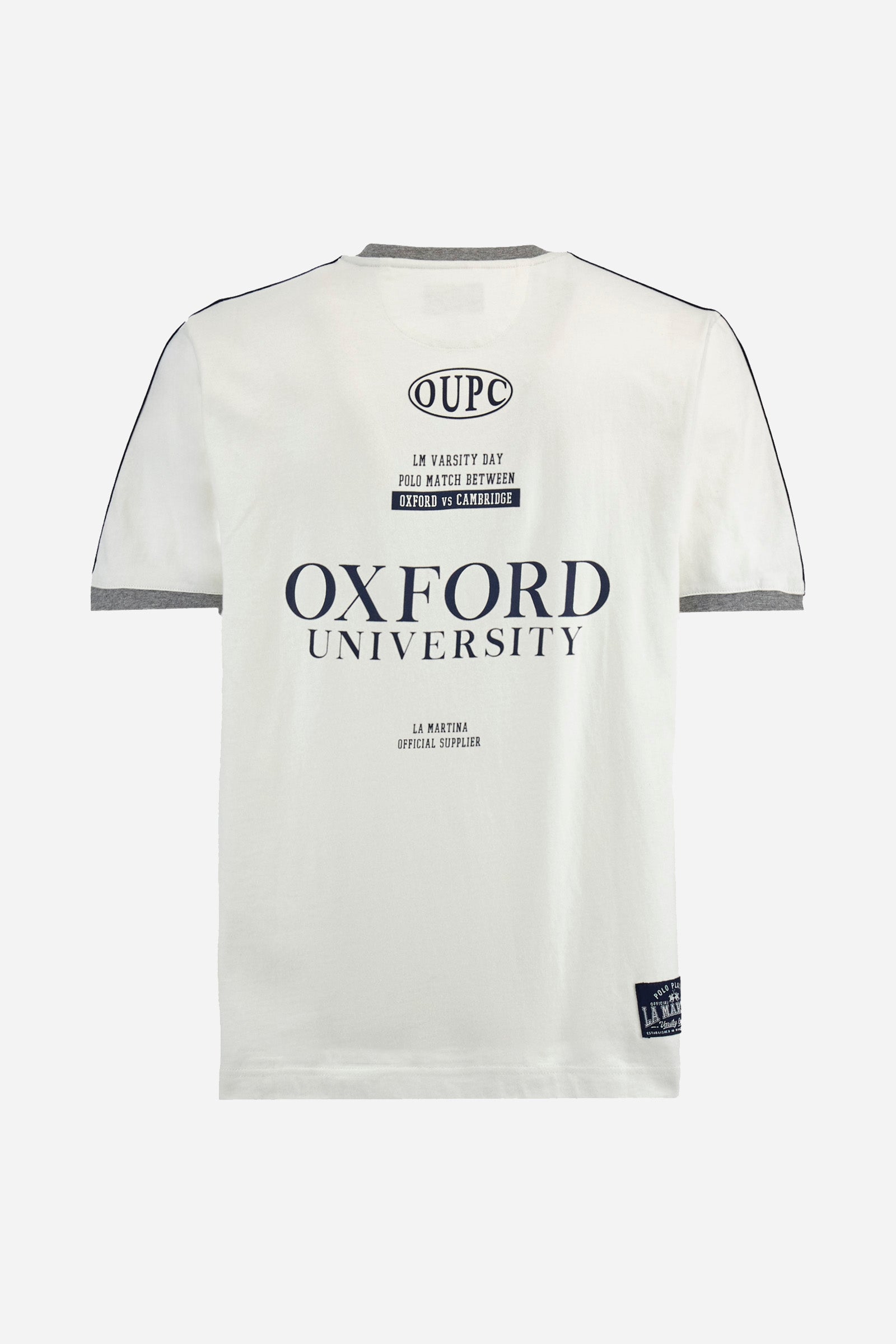Men's plain short-sleeved T-shirt, made from 100% cotton. Contrasting crew neckline and sleeves. A symbol from the University line, containing the brand logo, is appliquéd on the front. Regular fit. The model is wearing a size L. - Off White