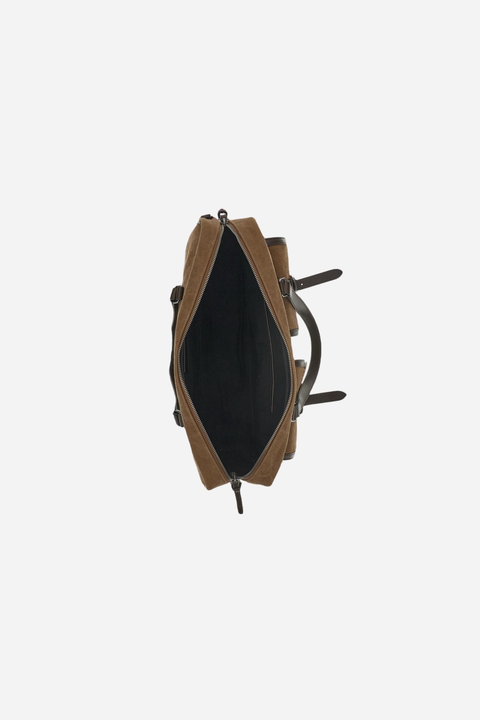 Semi-rigid briefcase in washed canvas and leather. Practical and functional, with shoulder strap, multiple pockets and embossed leather tag. - COCOA