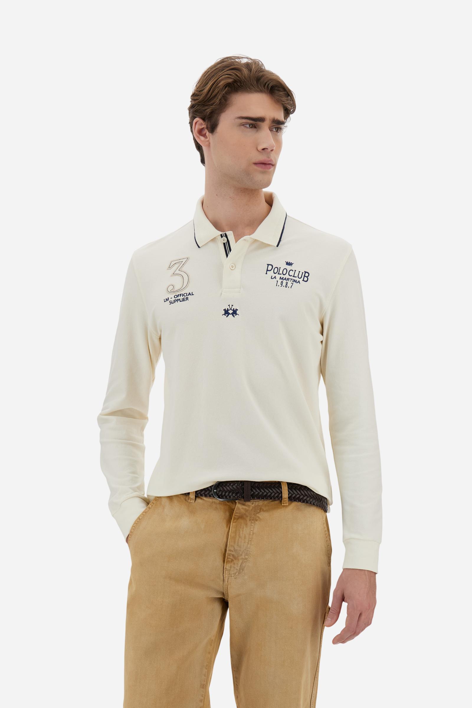 Men’s long-sleeve polo in stretch piqué. Ribbed collar and cuffs with striped contrast details. Regular fit with Polo Club graphic embroidered on the chest. - Pristine