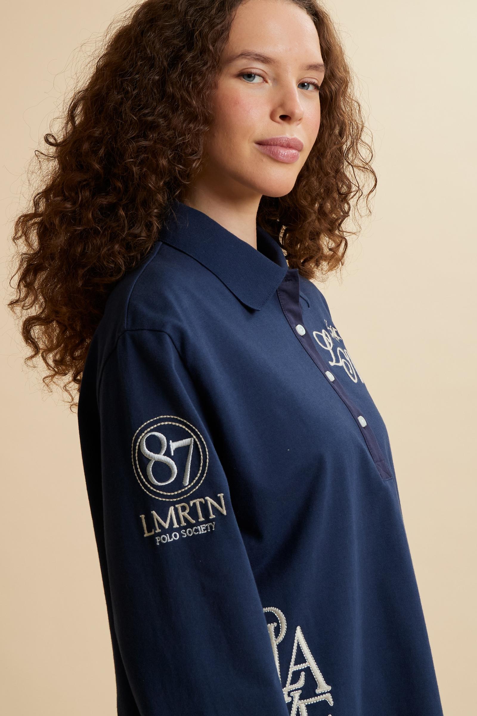 Women’s long-sleeve polo in heavy cotton jersey with relaxed fit and ribbed collar. Player prints and contrast applications. - Navy