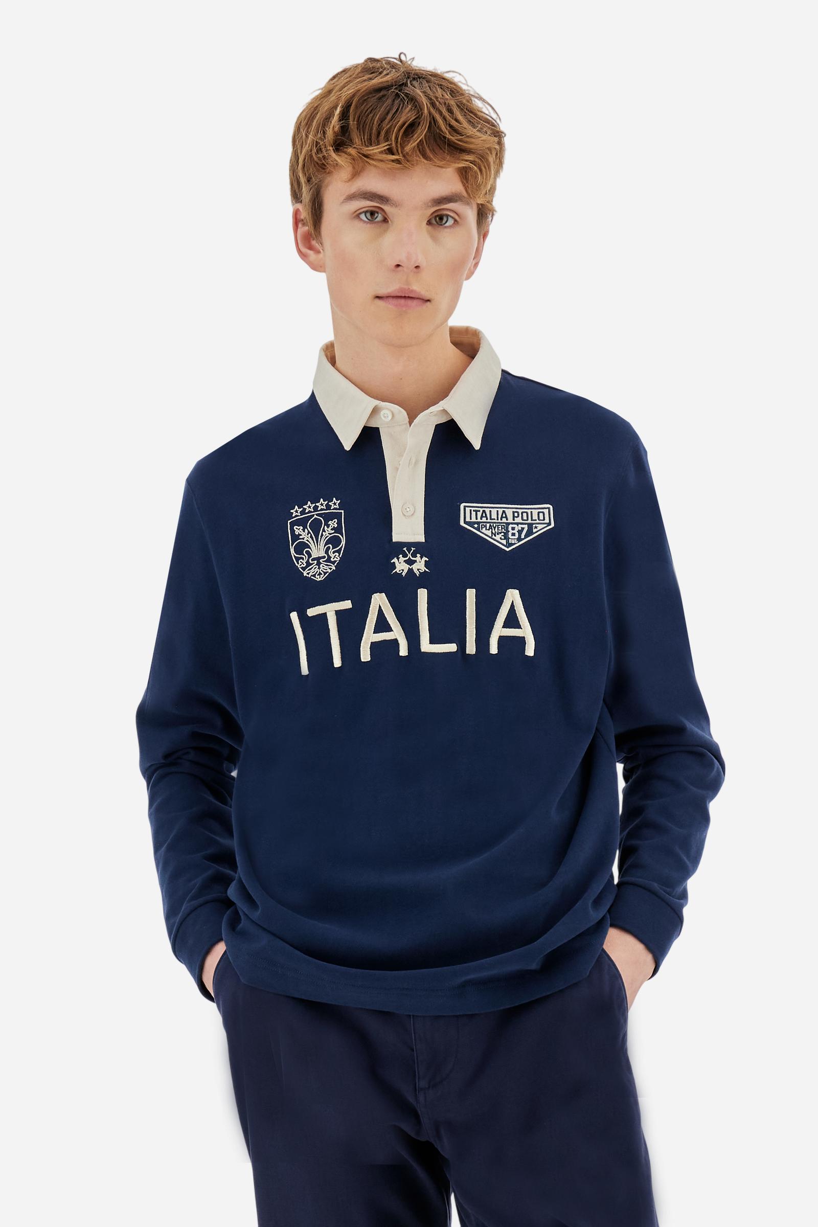 Long-sleeve polo shirt in soft, warm cotton jersey for all-day comfort. The contrasting gabardine collar adds a sophisticated touch to the clean design, while the ribbed cuffs in matching tone complete the look. On the chest, oversized colorful graphics celebrate Italy, Argentina, and England. A small embroidered logo in contrast sits below the placket. Regular fit for a relaxed silhouette that suits every body type. Model wears size L. - Navy