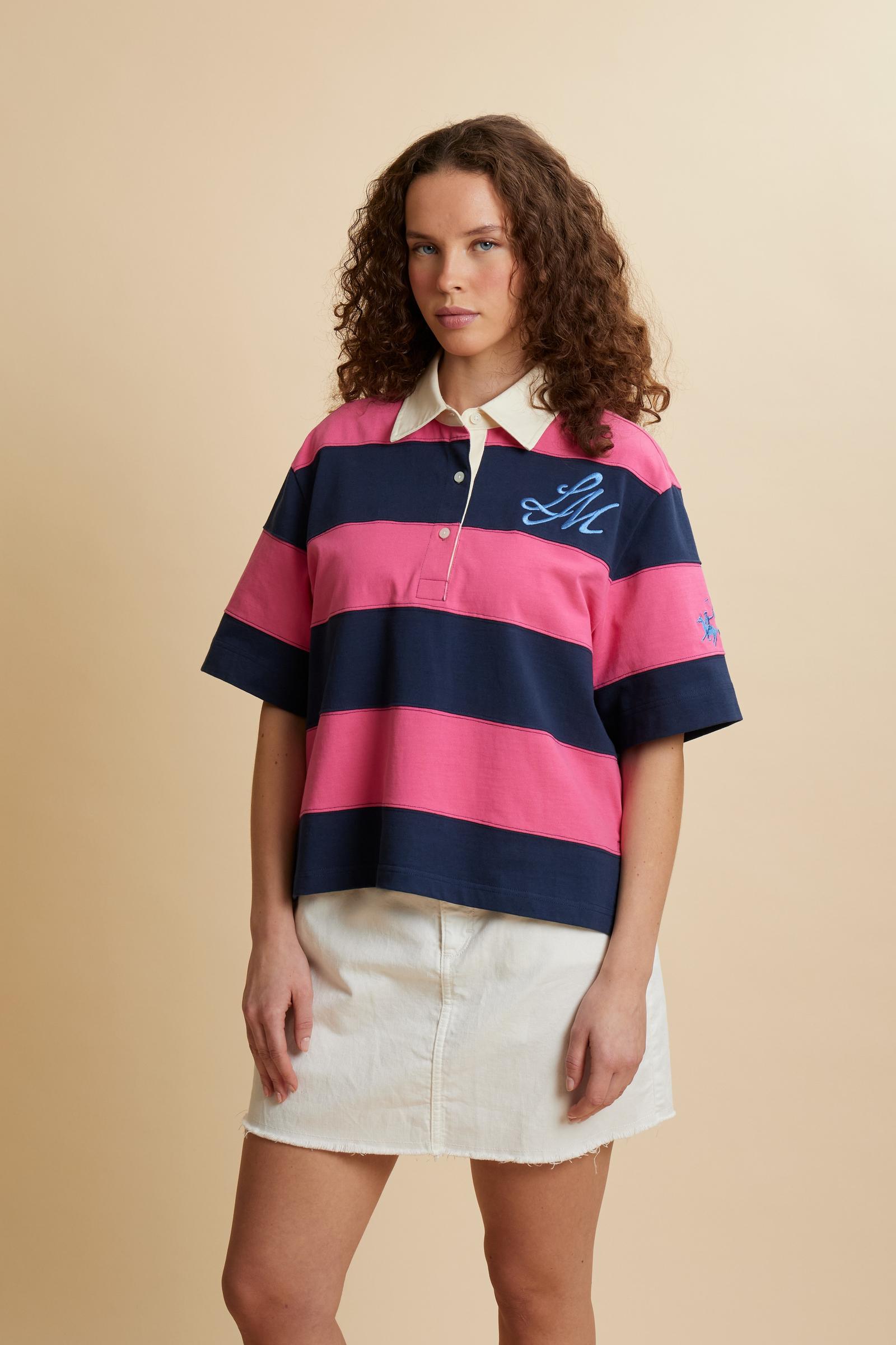 Damen Rugby-Poloshirt aus schwerem Baumwolljersey mit Maxi-Streifen - Christina
