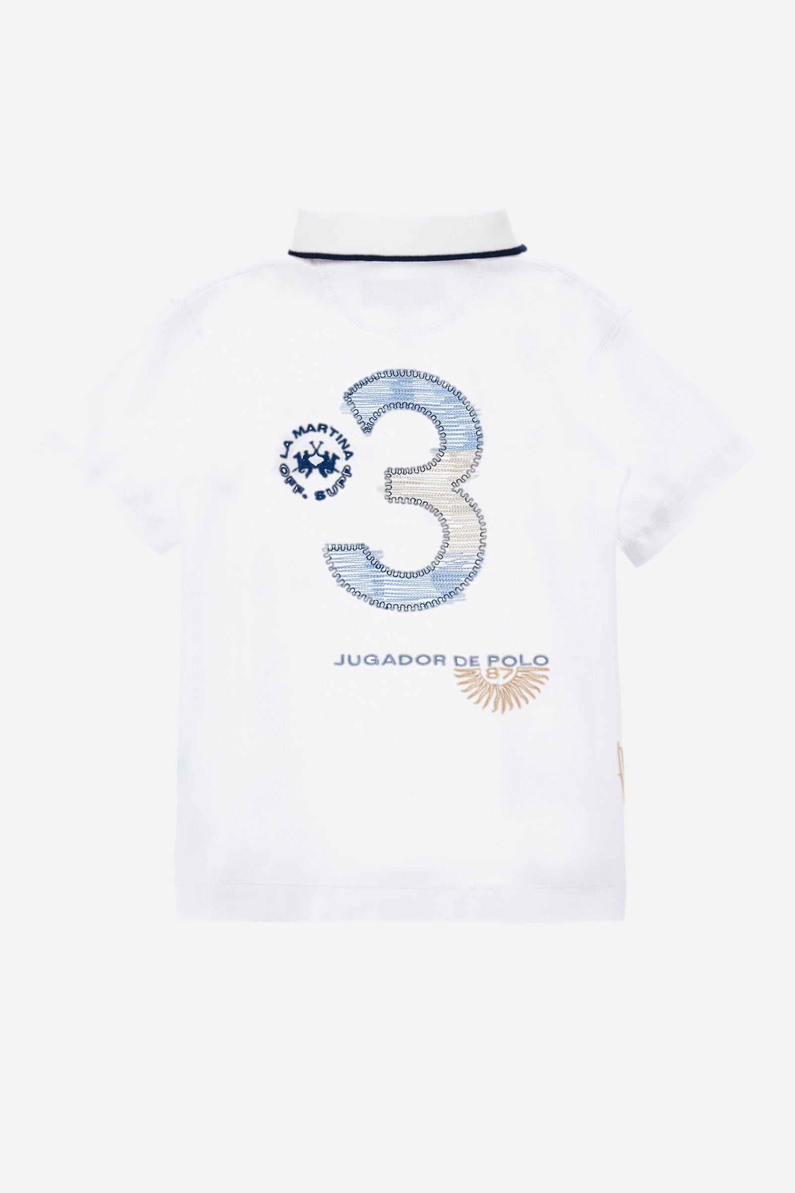 Boys' single-colour polo shirt made of pique cotton. Two-button fastening. Profiled collar with contrasting colour thread. There are various embroideries and rubberised prints on the front of the garment. The logo is on the chest, left side. - Optic White