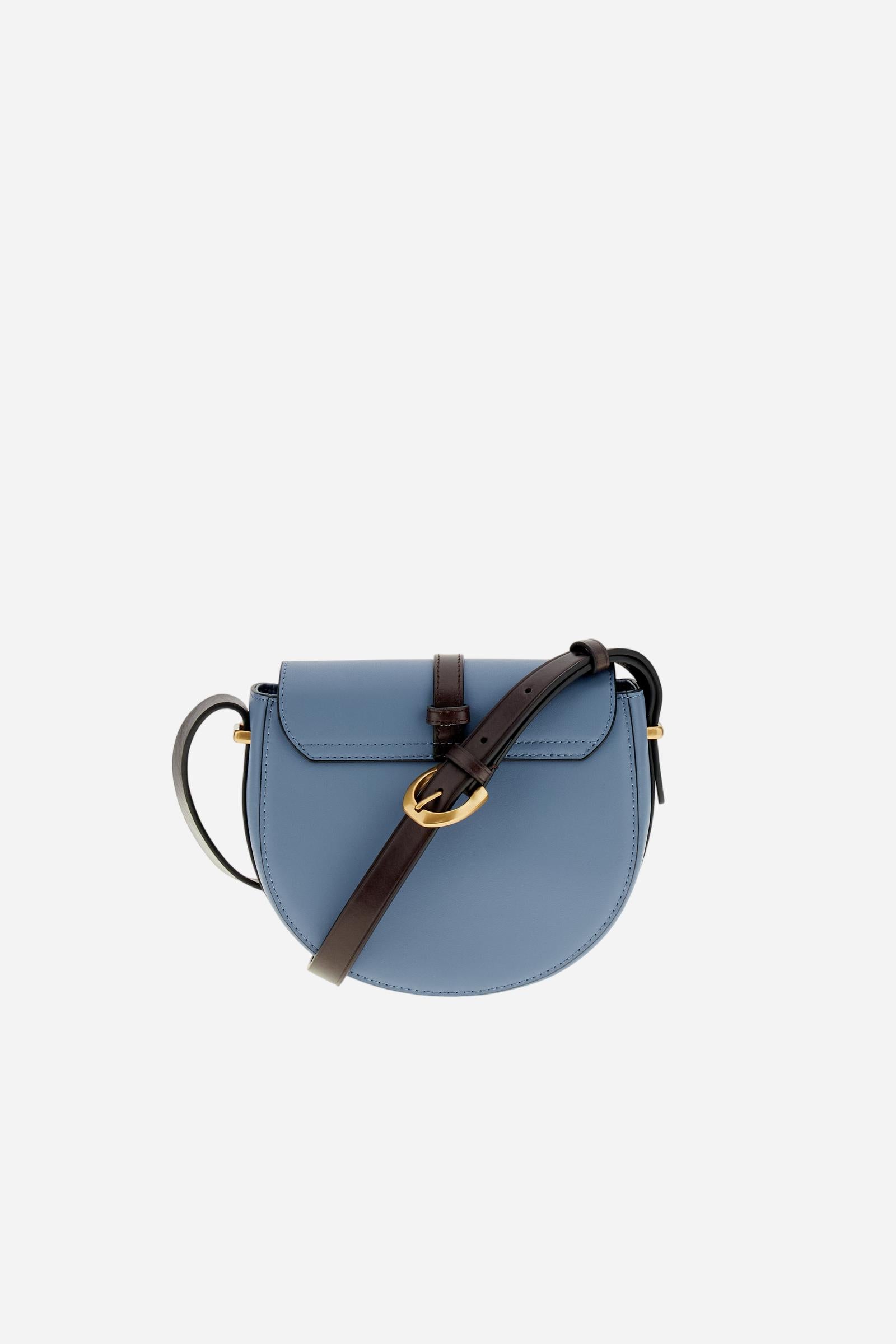 Small crossbody bag in calfskin leather and leather. Curved design with large golden buckle and contrasting details. - SKY/DARK CHOCOLATE