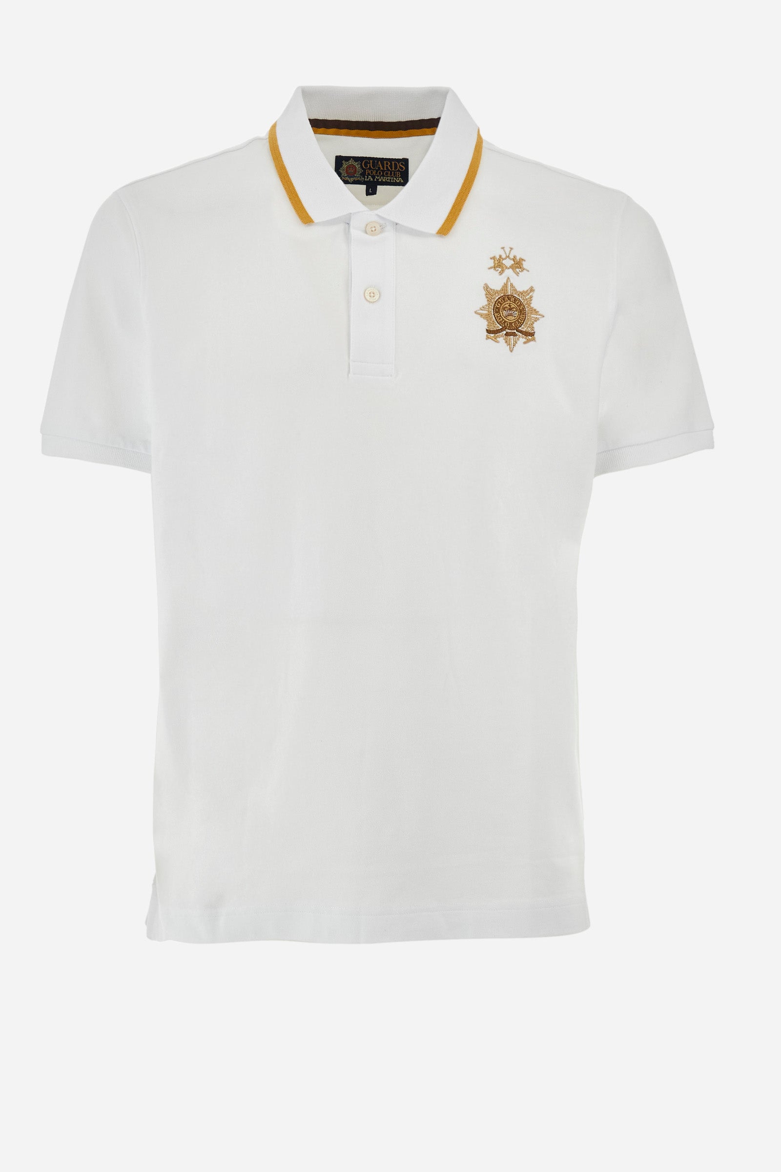 Men's short-sleeved single-colour polo shirt in elasticated cotton. Two-button fastening. Ribbed collar and armholes. The neck is profiled. On the front we find the symbol representing the Guards line. Featuring a small logo embroidered on the chest. The fit is regular. The model wears a size L. - Optic White