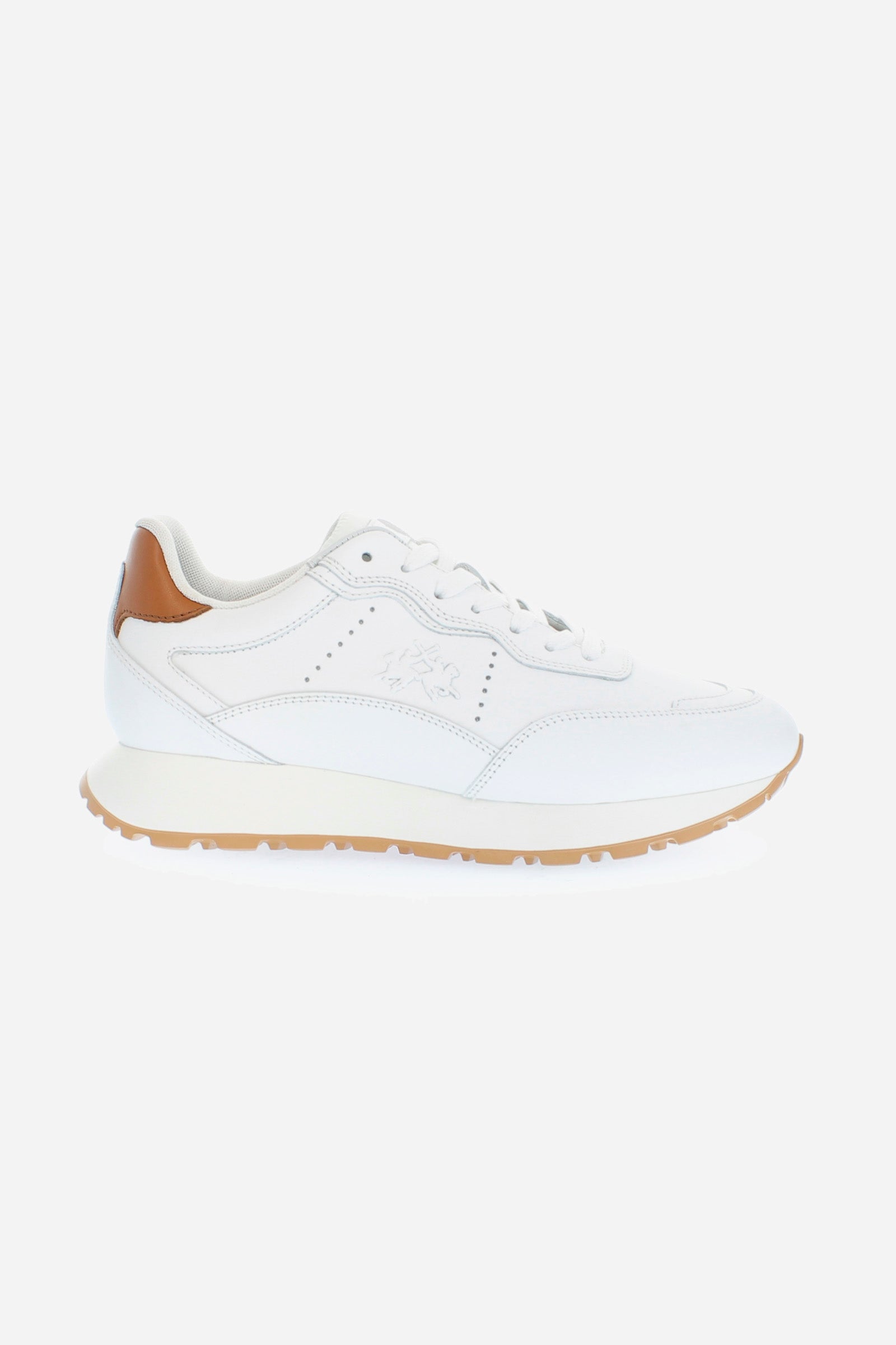 Women's sneakers in soft calfskin with tone-on-tone and contrasting leather inserts on the heel and sole. Two-tone bottom coordinated with the upper, featuring a contrasting rubber tread. The logo is embossed on the side band. Perfect for playing down a formal look or to combine with denim. - WHITE