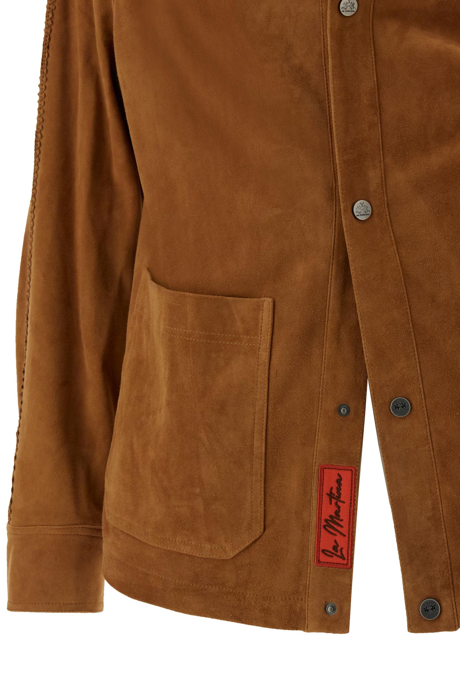 Suede jacket with a classic collar and snap-button closure. Patch pockets and suede trims with geometric embroidery on the shoulders. Branded patch on the sleeve. Regular fit with comfortable shoulders. - Monk's Robe