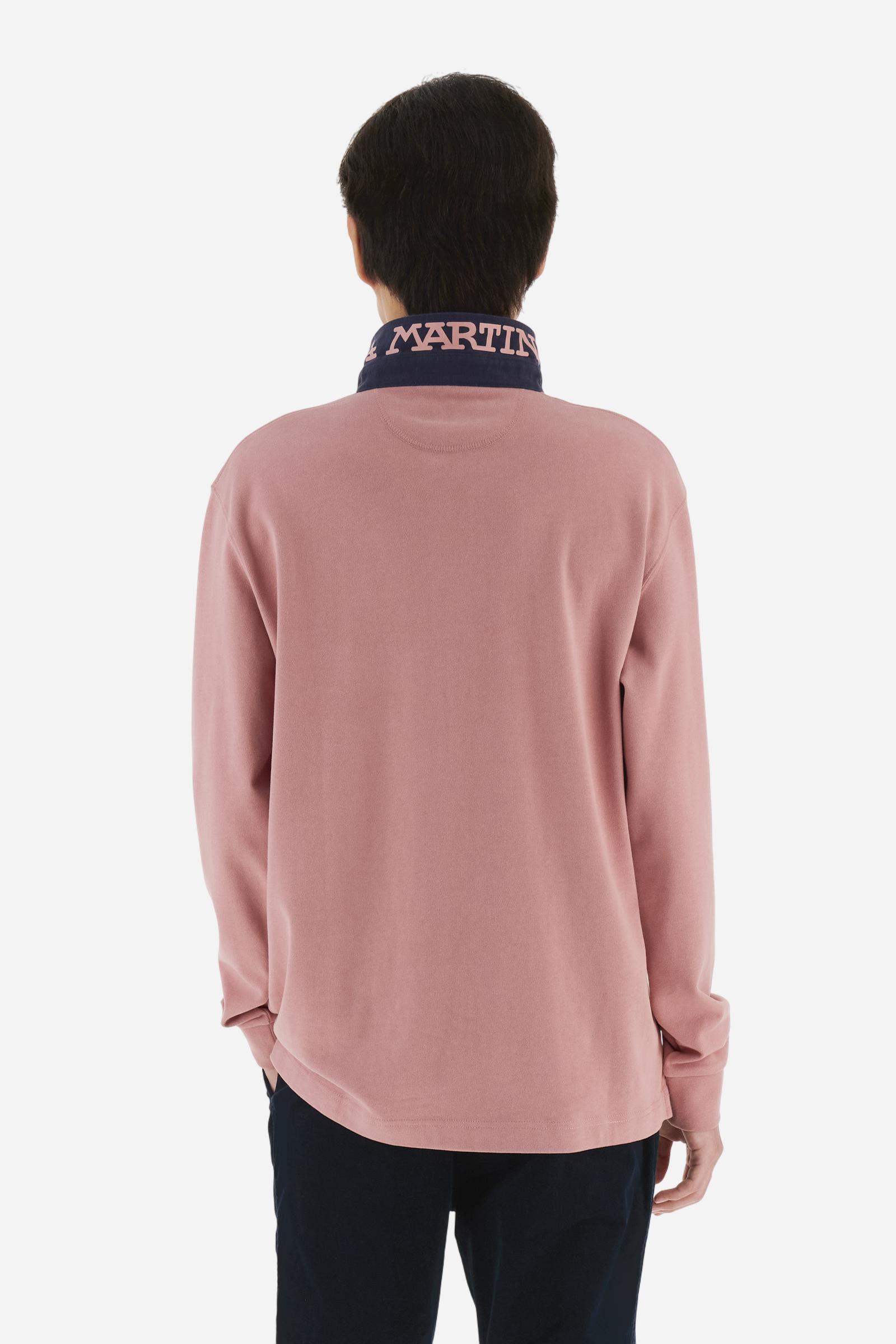 Classic men’s long-sleeve polo in soft-touch 100% cotton jersey. Contrast gabardine collar, three-button placket with multicolor striped tape. Iconic La Martina lettering printed in contrast under the collar. Small contrast logo embroidered on the chest. Regular fit for a balanced silhouette. Model wears size L. - Rose Tan