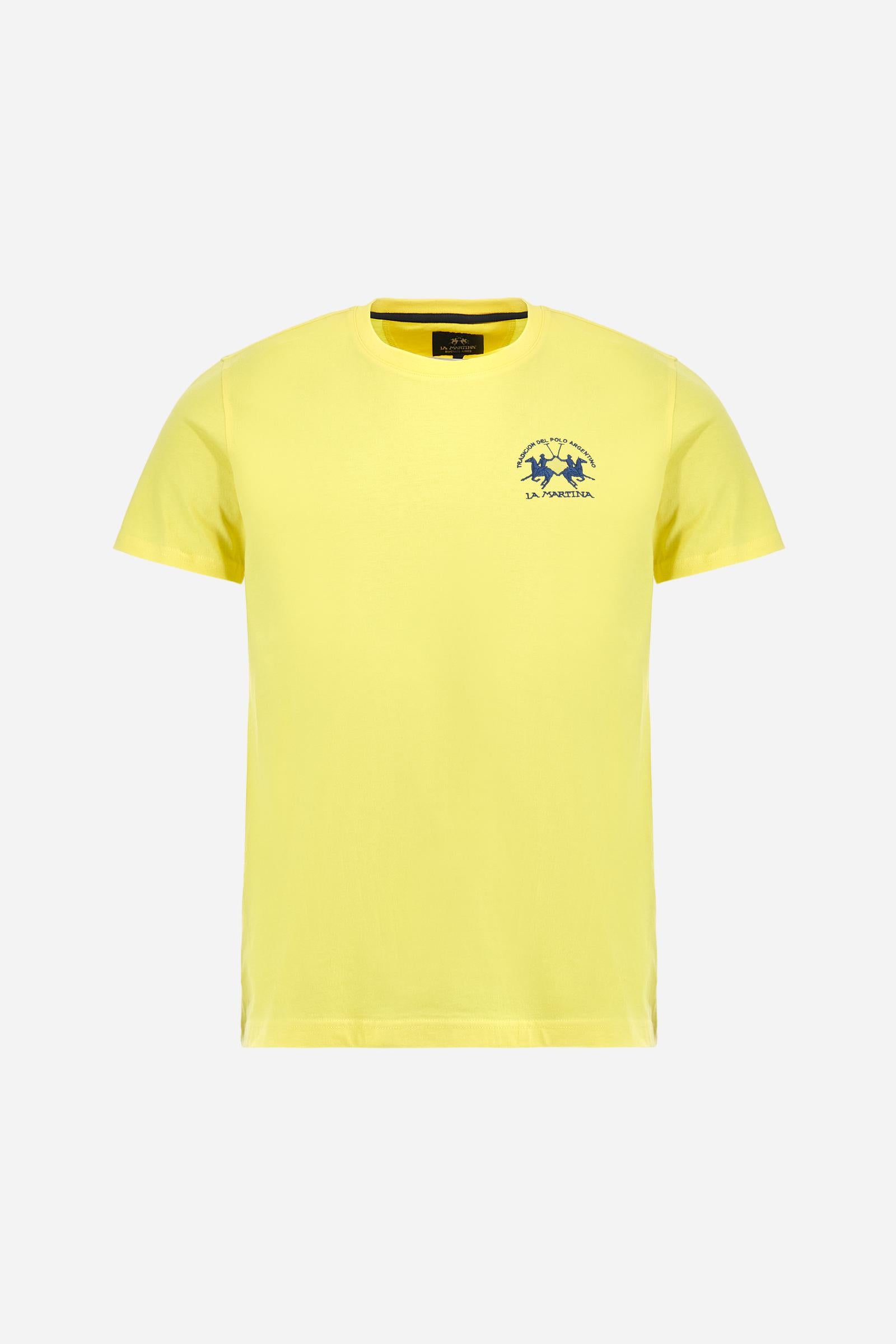 Men's plain short-sleeved T-shirt, made from 100% cotton. Large logo embroidered on the front. Regular fit. The model is wearing a size L. - Aurora