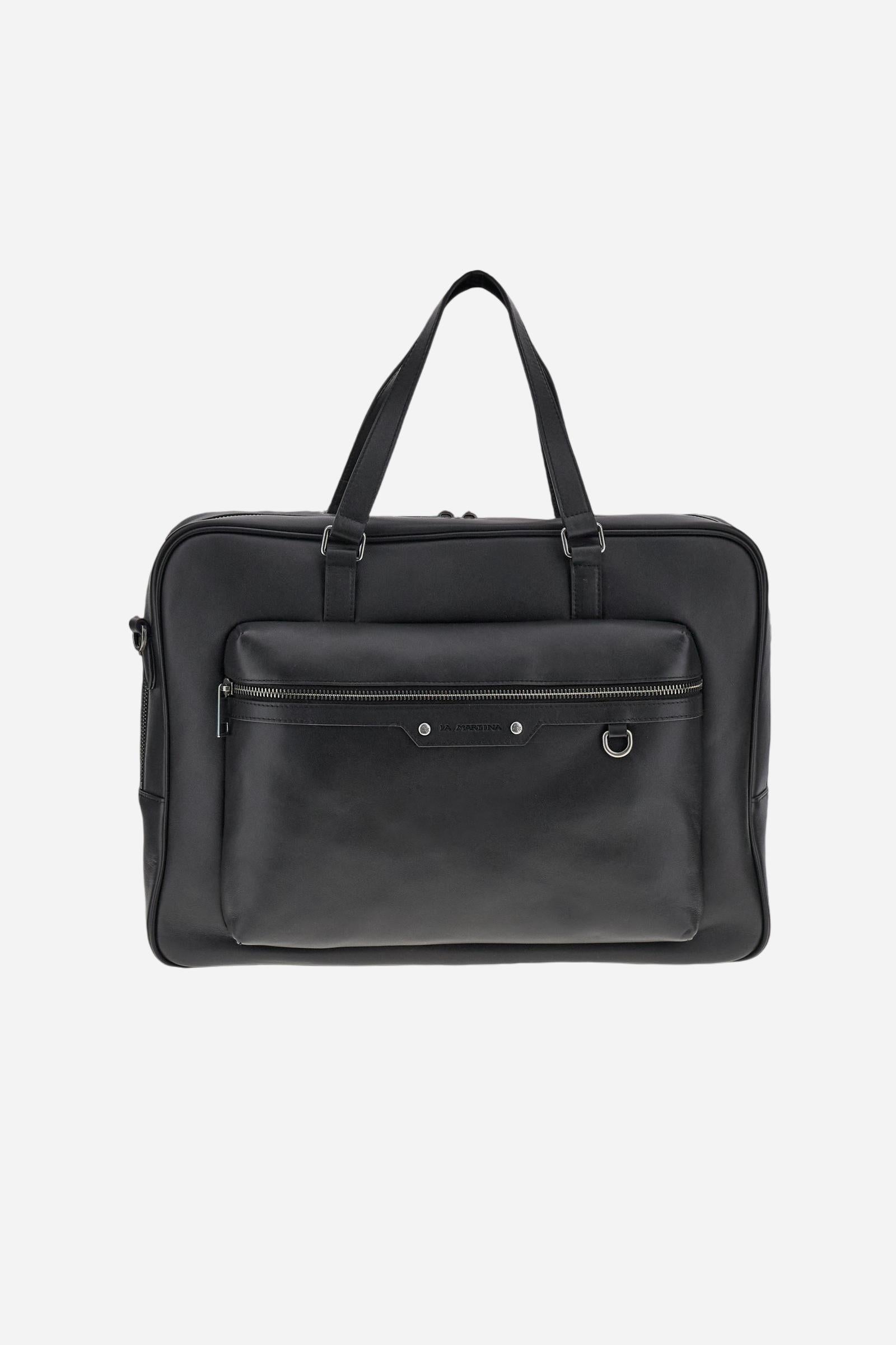 Briefcase in calfskin leather. Urban and structured, with spacious interior, zipped front pocket and metallic details. - Black