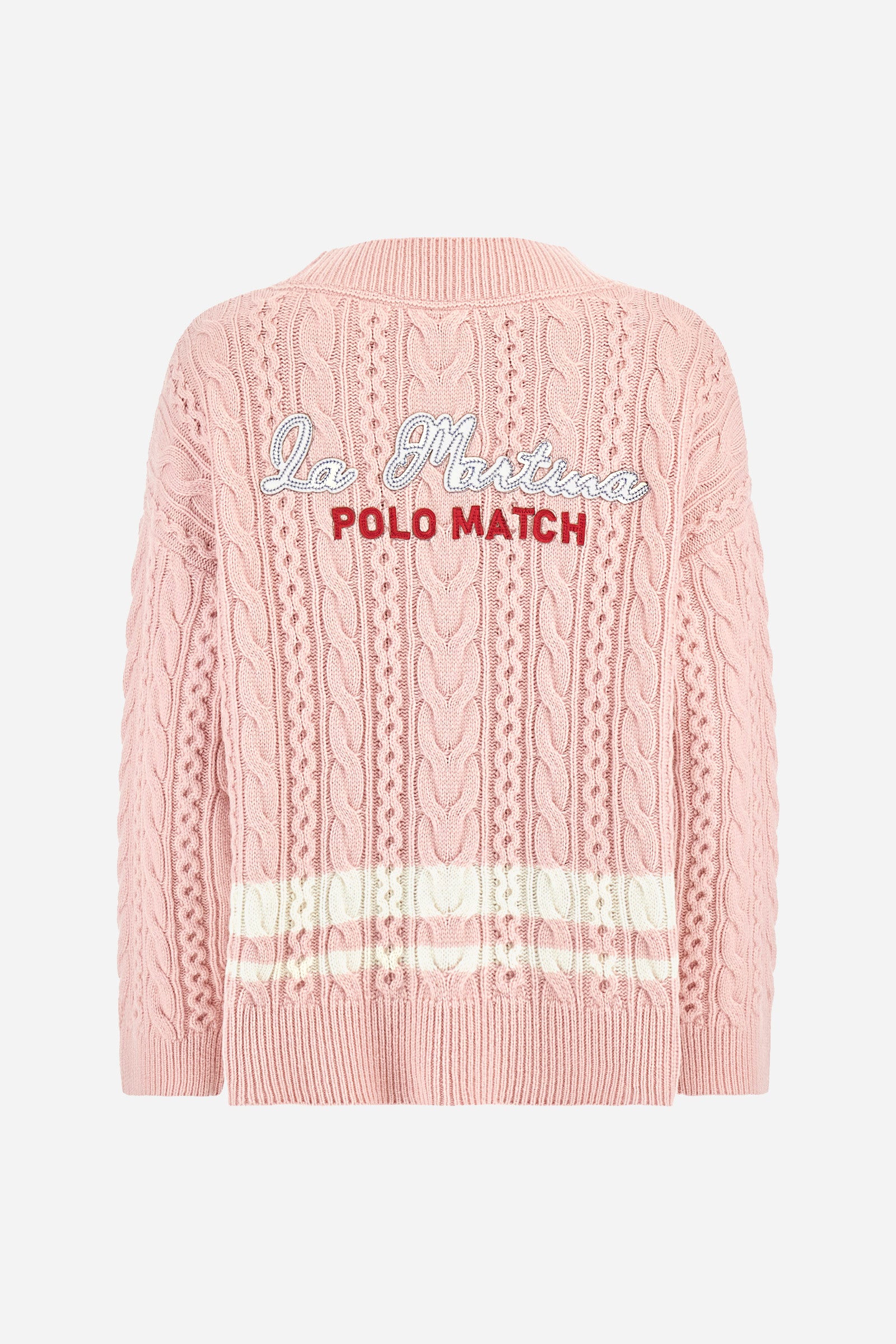 Women’s long cardigan with long sleeves in high-quality solid-colour lambswool with cable-knit details enhancing the classic design. Deep neckline, closure with personalised horn-effect buttons, colourful patch on the chest and embroidered lettering on the back inspired by polo. Oversized fit with dropped shoulders for a modern, relaxed look. The model wears size 2. - Parfait Pink