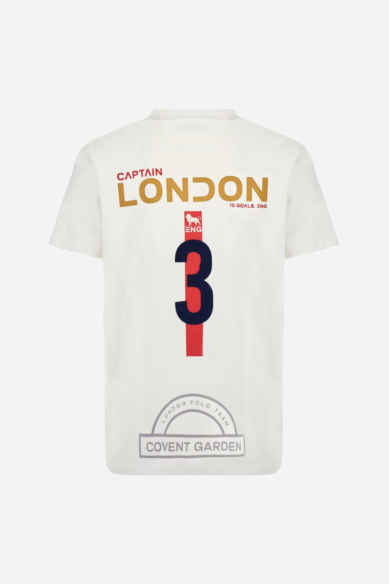 Single-colour short-sleeved men's T-shirt made of cotton jersey. Crew neck, with colour-contrasting jersey border inside. Mlticoloured lettering is printed on the chest, enriched by the embroidered brand logo. The graphics on the back are printed, while the number is a flocked transfer in a contrasting colour. On the right sleeve the small star detail is hand-embroidered with multi-coloured threads. The fit is regular. The model is wearing a size L. - Optic White