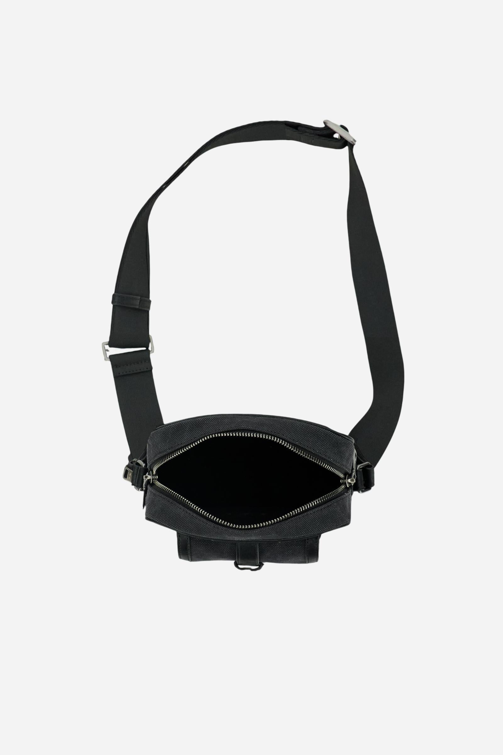 Men’s crossbody pouch in washed canvas with leather details, compact and functional with front pocket and metal logo buckle. - Black