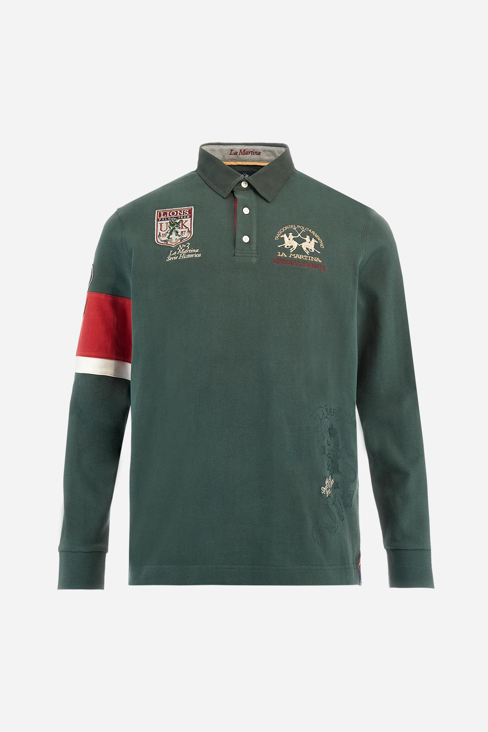 Long-sleeve polo shirt in 100% cotton jersey, soft and warm to the touch. Gabardine collar in tone with a contrast placket for a modern look. The English flag is printed under the raised right collar tip. Contrasting fabric bands and a patch with number 2 decorate the right sleeve, evoking polo player uniforms. Multicolor graphics dedicated to the English team and past special events enrich the design, with a large team logo embroidered in two-tone on the chest. Regular fit. Model wears size L. - Sycamore