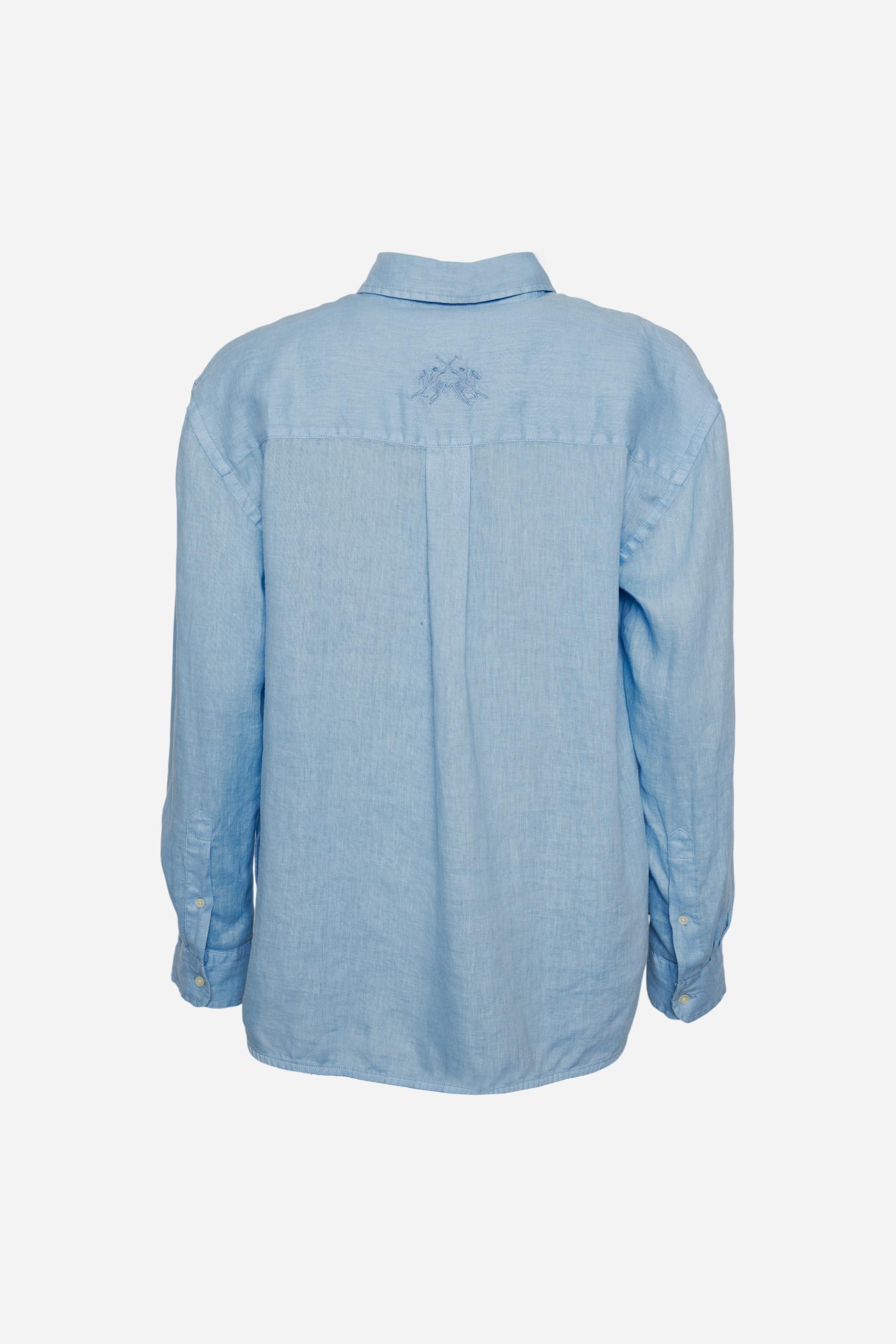 Camicia donna in lino tinto capo con tasca ricamata - Celeste