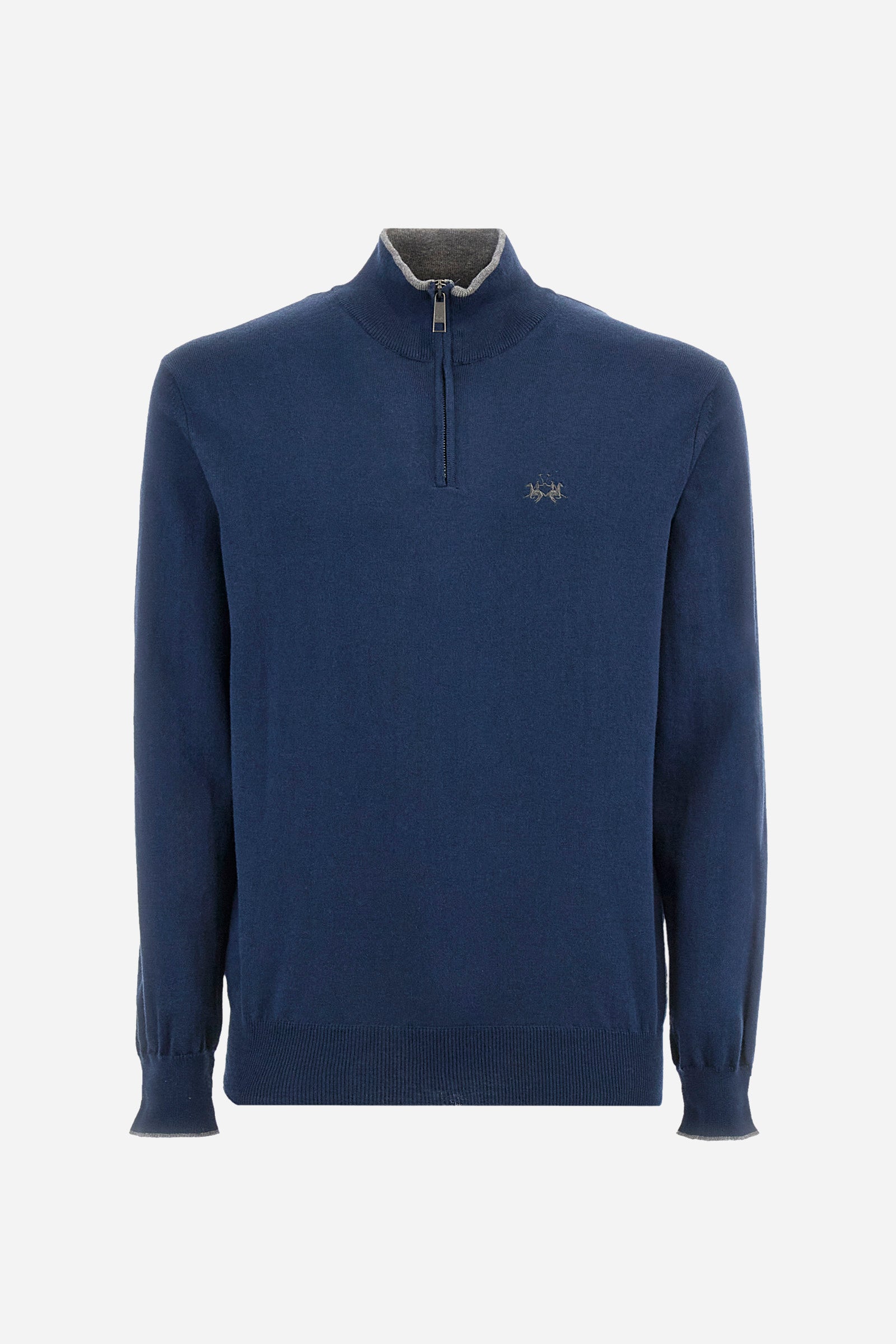 Men's plain mock polo neck pullover with long sleeves. Trimmed collar with a half zip, made from ribbed fabric to match the cuffs and hem. Made from a blend of cotton and wool. Featuring a small embroidered logo on the front. Regular fit. The model is wearing a size L. - Navy