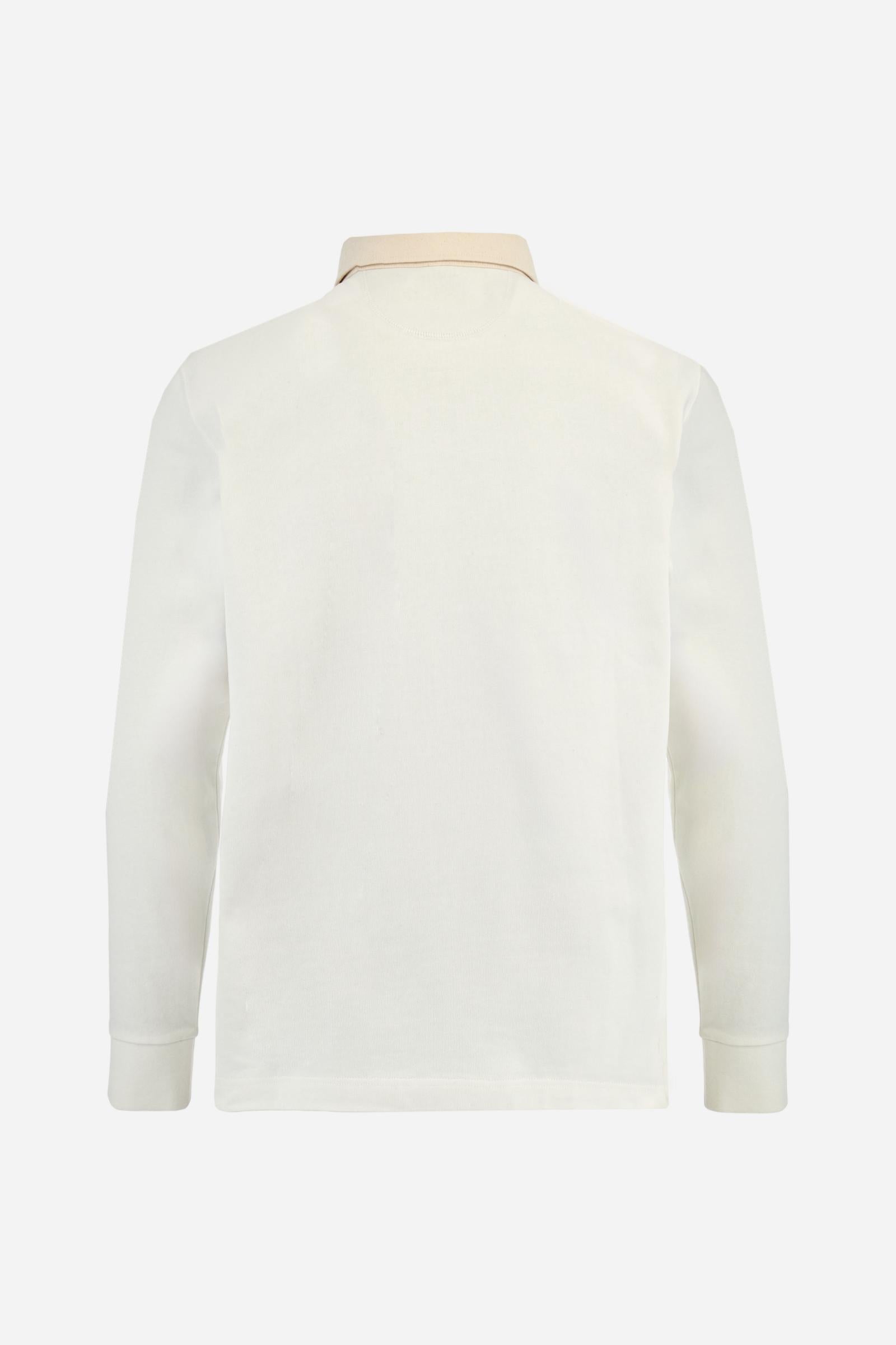 Long-sleeve polo shirt in soft, warm cotton jersey for all-day comfort. The contrasting gabardine collar adds a sophisticated touch to the clean design, while the ribbed cuffs in matching tone complete the look. On the chest, oversized colorful graphics celebrate Italy, Argentina, and England. A small embroidered logo in contrast sits below the placket. Regular fit for a relaxed silhouette that suits every body type. Model wears size L. - Off White