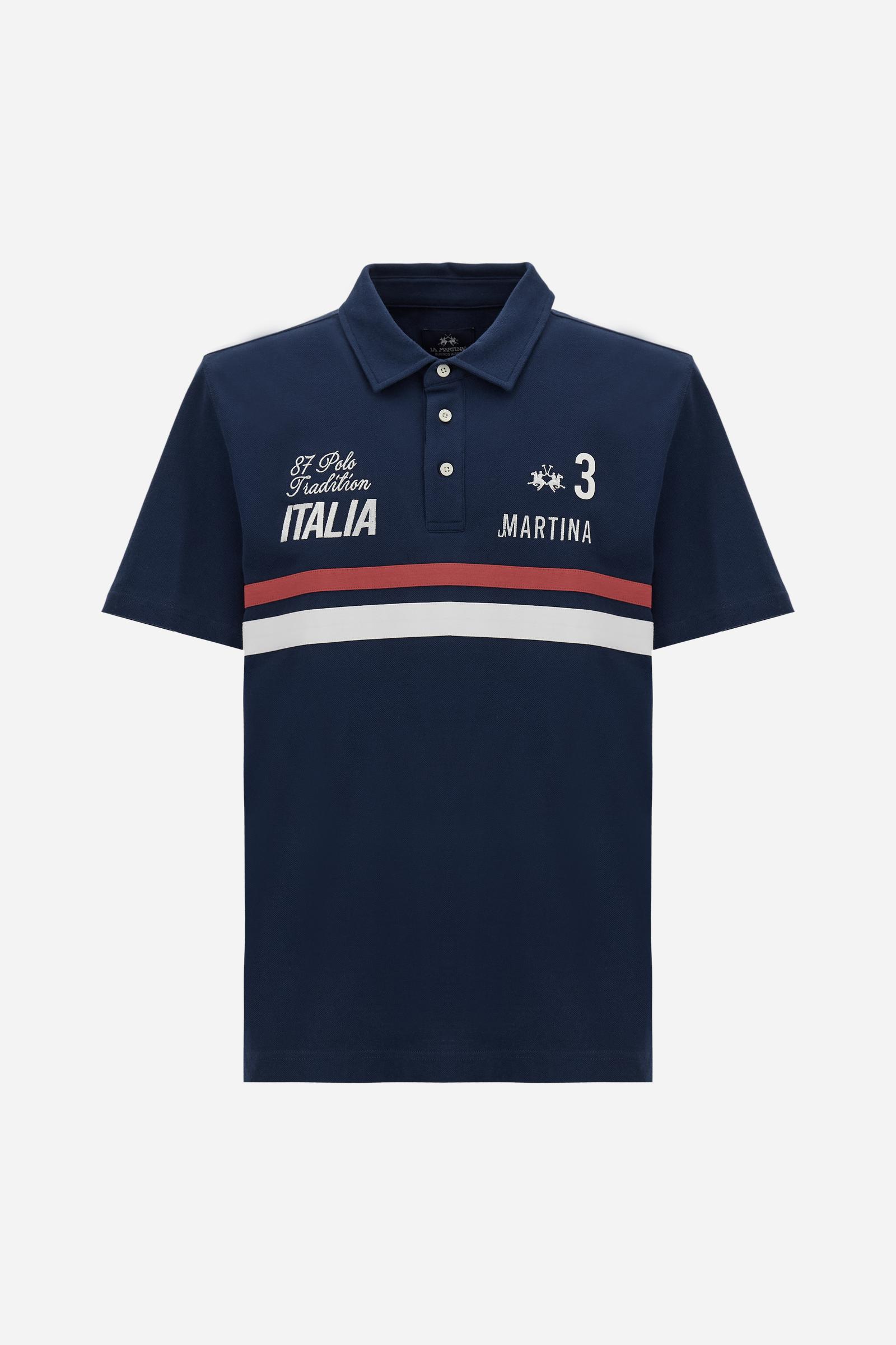Men’s short-sleeve cotton jersey polo. Contemporary fit with a modern cut, featuring a piqué collar, coloured stripes and embroidered details inspired by the official Italian national team uniforms. - Navy