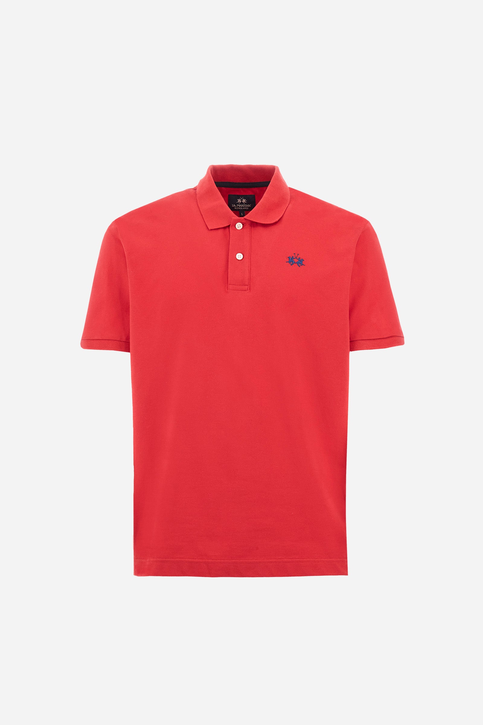 Men's plain-coloured, short-sleeved, regular-fit cotton polo shirt. Contrasting La Martina logo sewn onto the chest. This versatile garment goes perfectly with a pair of jeans from the collection. - Barbados Cherry