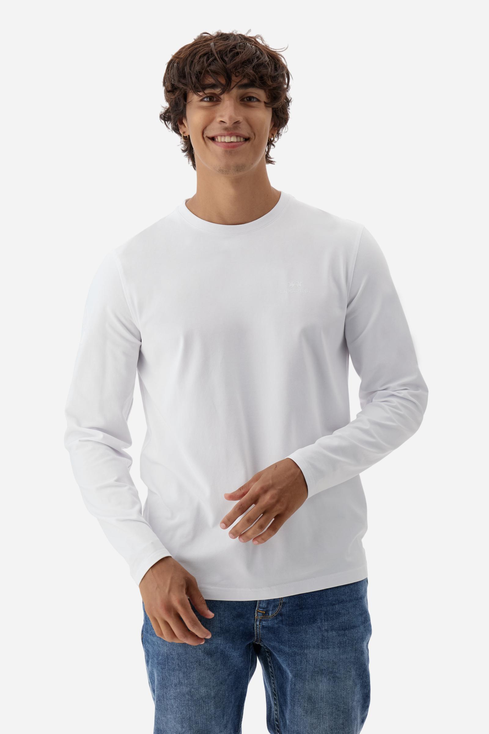 Crew-neck long-sleeve T-shirt made of 100% high-quality cotton jersey. The smooth, fluid fabric has a technical look that ensures comfort and style. A small translucent transfer logo is applied on the chest, while two Asociacion Argentina de Polo (AAP) transfers decorate the right sleeve. The large vertical translucent print on the back is a signature detail of the brand. Regular fit with clean lines and refined finishes for a simple yet distinctive piece. Model wears size L. - Optic White