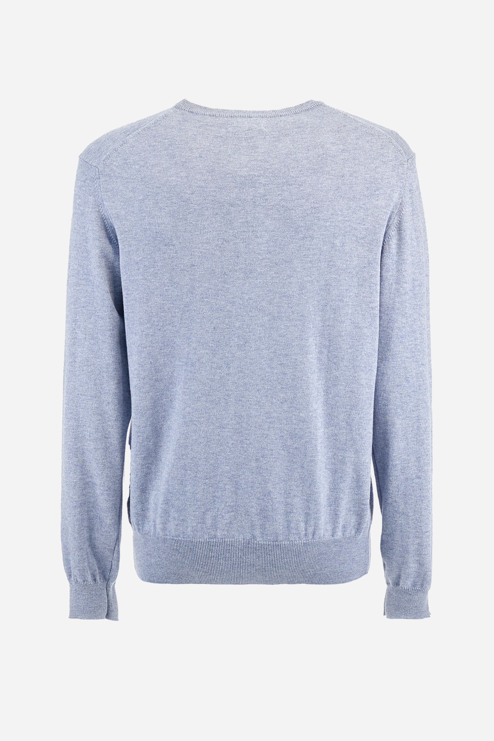 Men's plain crew neck pullover with long sleeves. Made from a blend of cotton and wool. Ribbed hem and neckline. Featuring a small embroidered logo on the front. Regular fit. The model is wearing a size L. - Cashmere Blue Melang