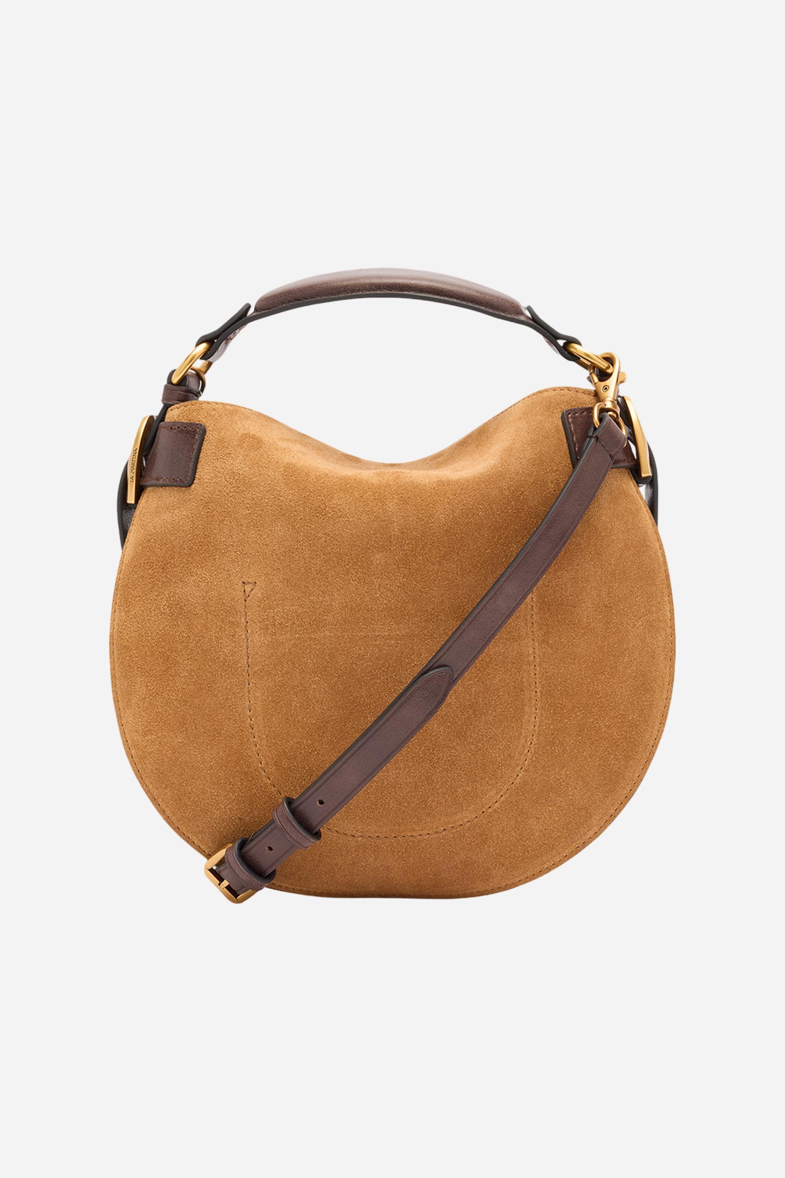 Large suede crescent bag with contrasting leather handles and strap. Features La Martina metal logo on the front. - HONEY/DARK CHOCOLATE
