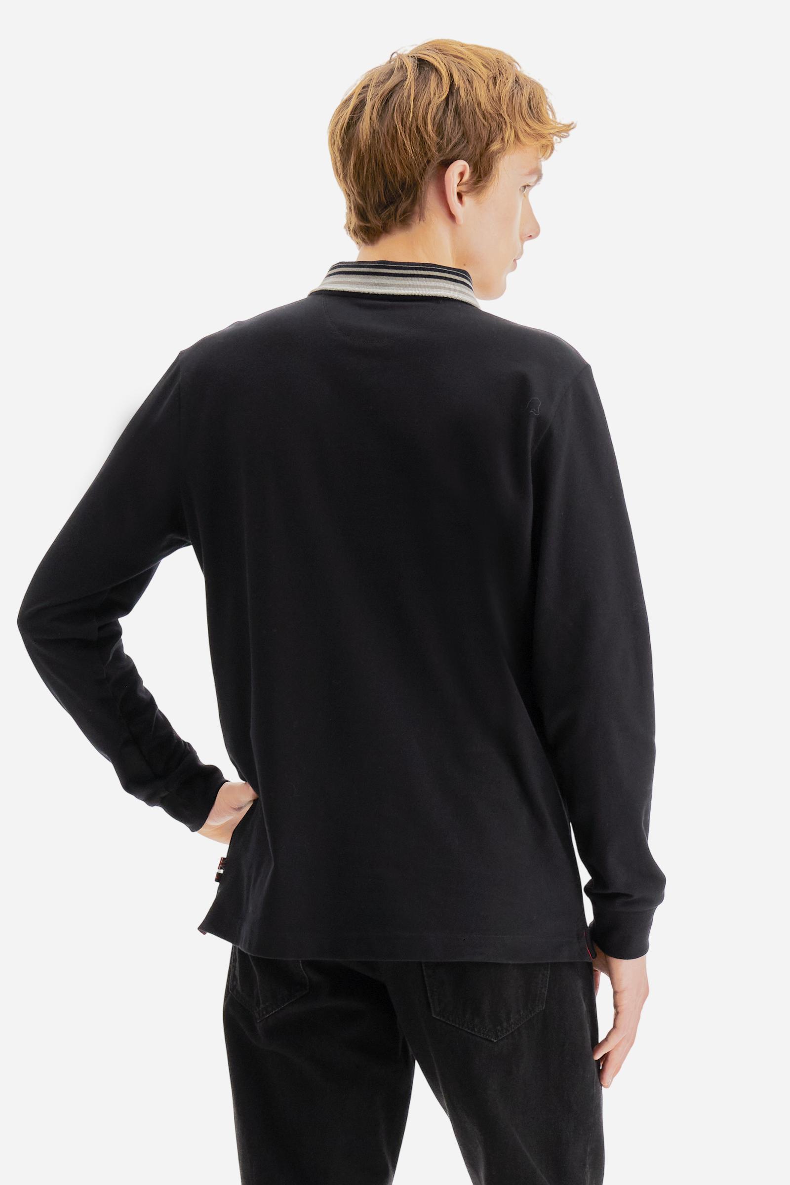 Long-sleeve polo shirt in warm cotton jersey. Ribbed collar with multicolor stripes, contrast inner collar, and two-button placket. Brand logo and Guards crest embroidered in contrast on the chest. Regular fit for a comfortable, versatile silhouette. Model wears size L. - Black