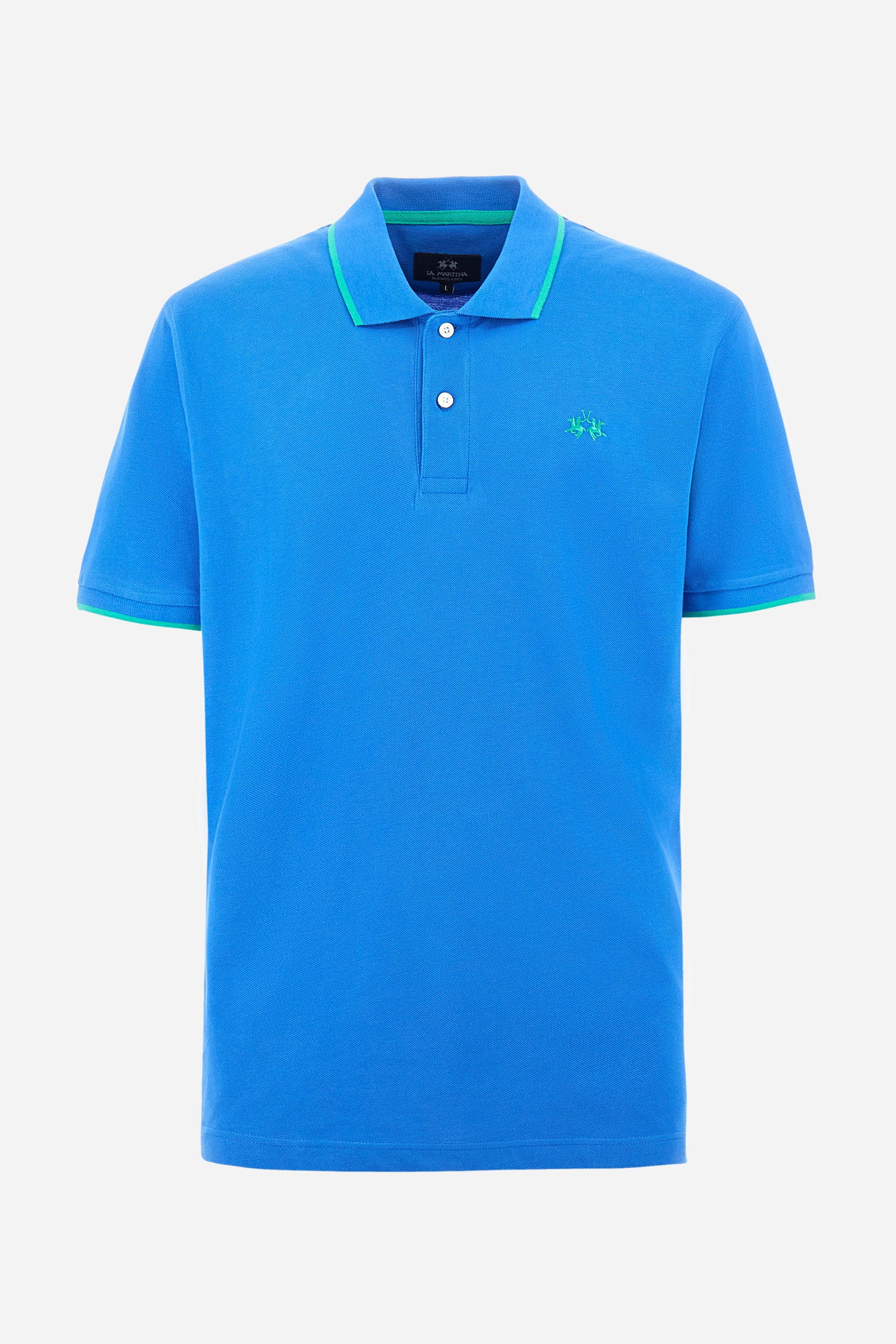 Men’s polo with short sleeves in stretch pique cotton. A classic La Martina, with a simple and linear style. The regular fit fits easily to any type of silhouette. A small La Martina logo is embroidered on the chest, in contrasting shades like the sleeve edge. The model is 187 cm tall and wears a size L. - Campanula