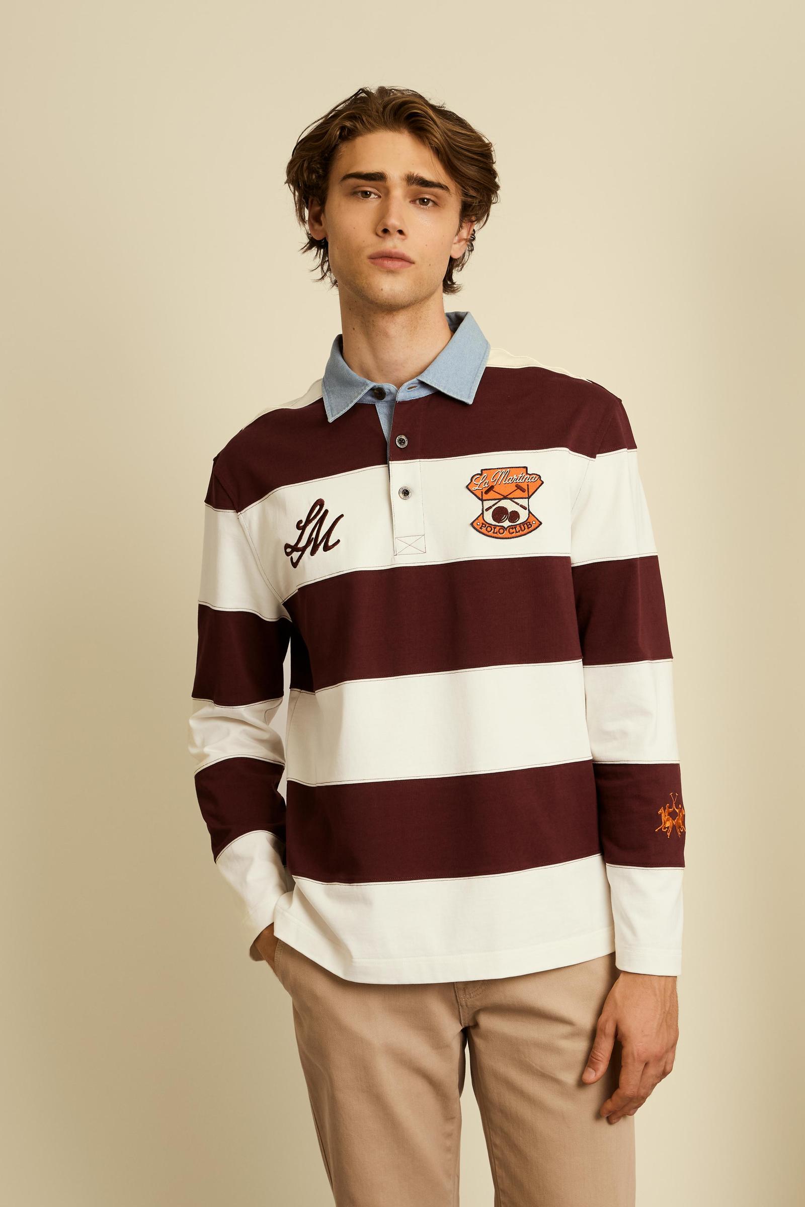 Men’s rugby polo in heavy cotton jersey with maxi stripe - Caleb