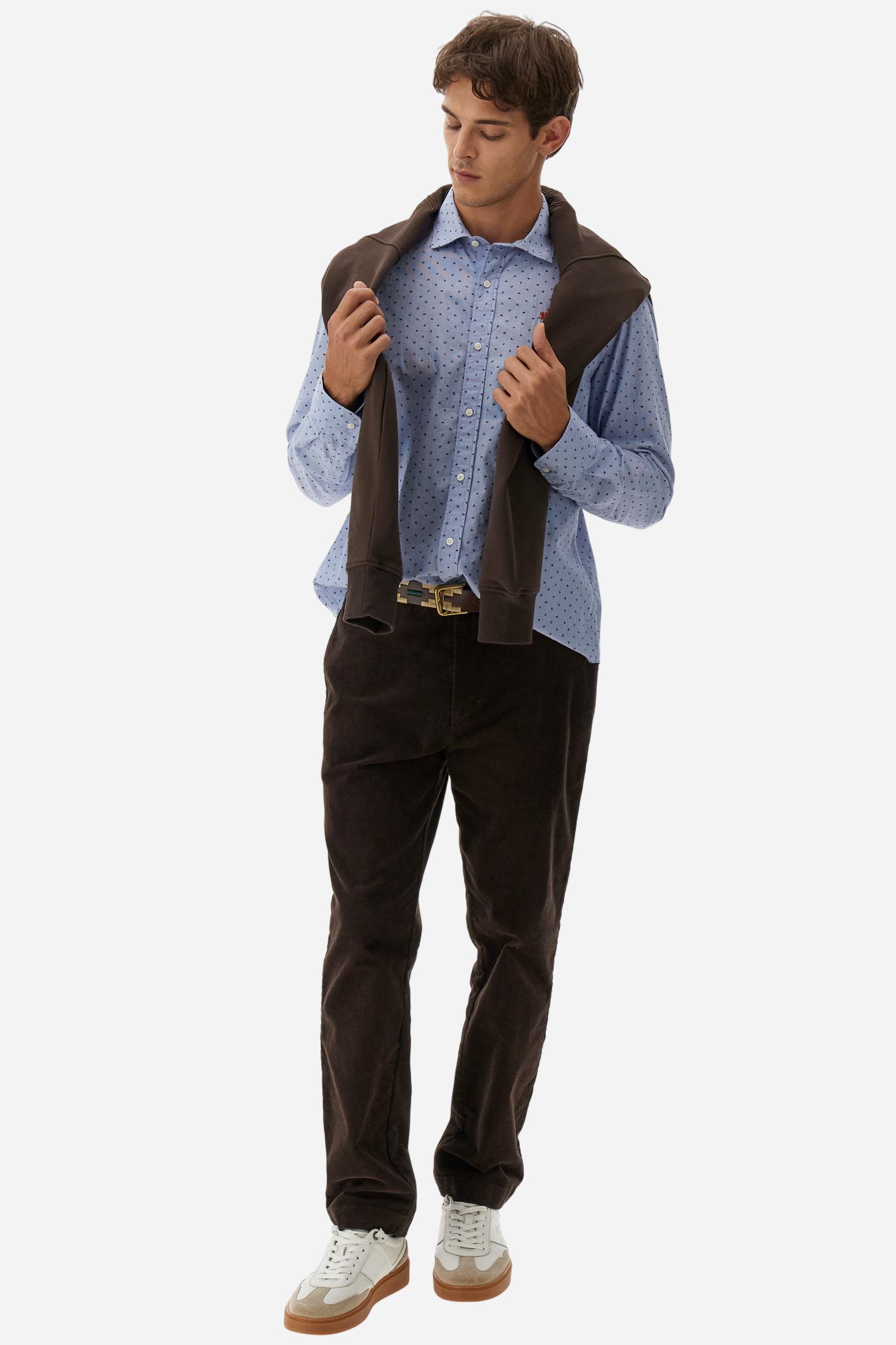 Men’s striped poplin shirt. Micro print contrast design with French collar and Argentina details inside collar. - Optic White/Navy