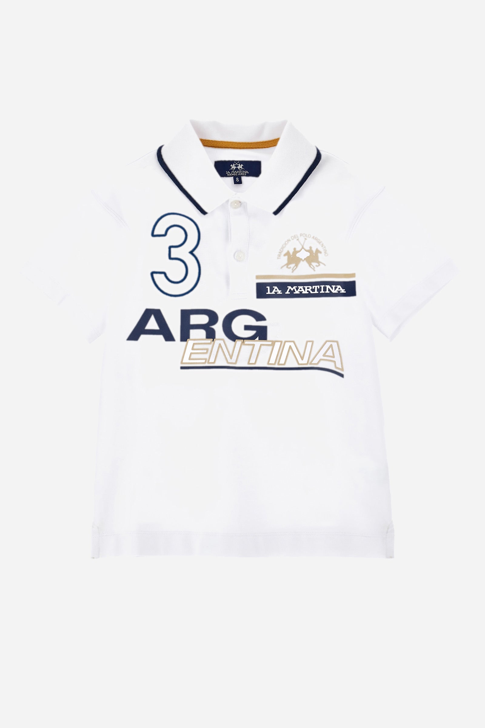 Boys' single-colour polo shirt made of pique cotton. Two-button fastening. Profiled collar with contrasting colour thread. There are various embroideries and rubberised prints on the front of the garment. The logo is on the chest, left side. - Optic White