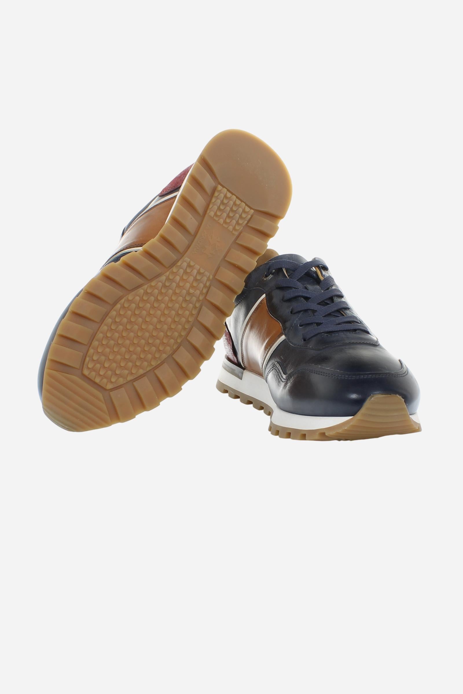 Handcrafted sneakers in calfskin and vegetable-tanned leather, hand-aged. Iconic hot-branded details and a technical sole with leather heel for superior stability. - Salute