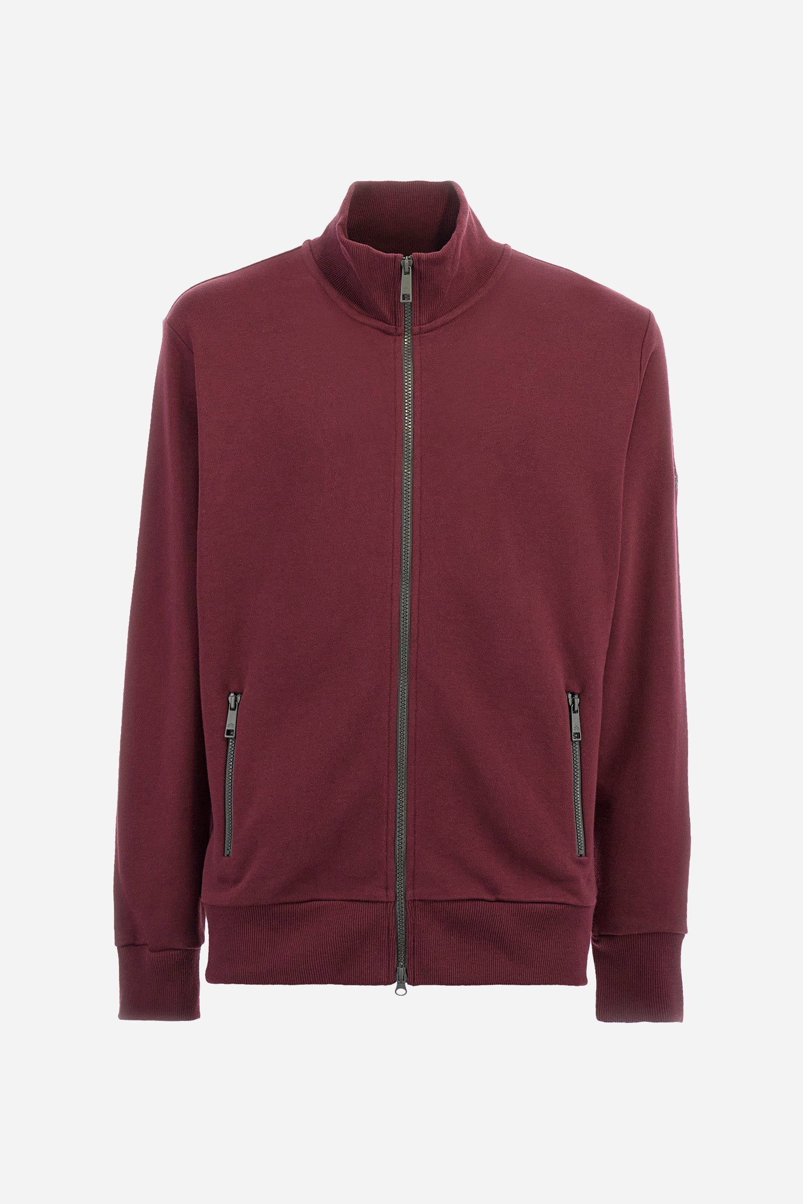 Men's plain long-sleeved sweatshirt with a contrasting full-zip fastening, made from 100% cotton. High neck. Double front pocket with a zip fastening. Ribbed hem, collar and cuffs. The logo is embroidered on one of the sleeves. Regular fit. The model is wearing a size L. - Port Royale