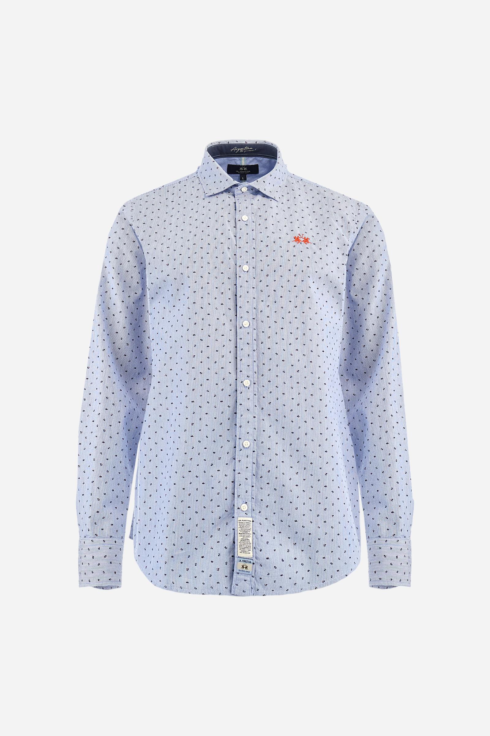 Men’s striped poplin shirt. Micro print contrast design with French collar and Argentina details inside collar. - Optic White/Navy