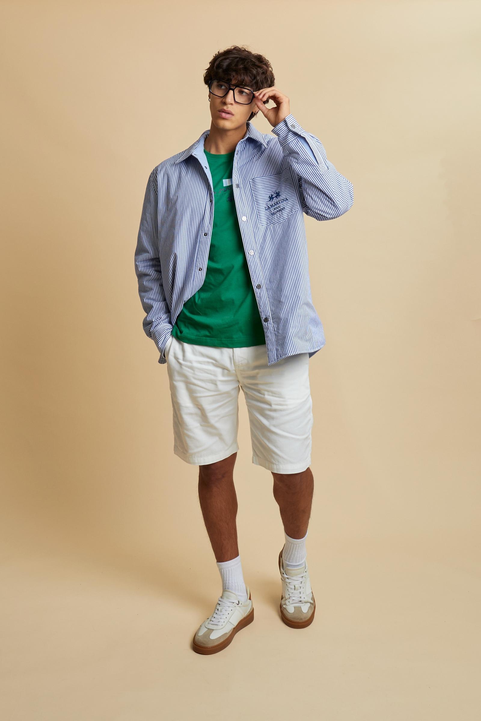 Reversible padded overshirt in oxford and striped cotton. Snap buttons and contrast maxi logo on chest pocket. - TrueBlue/OpticWhite