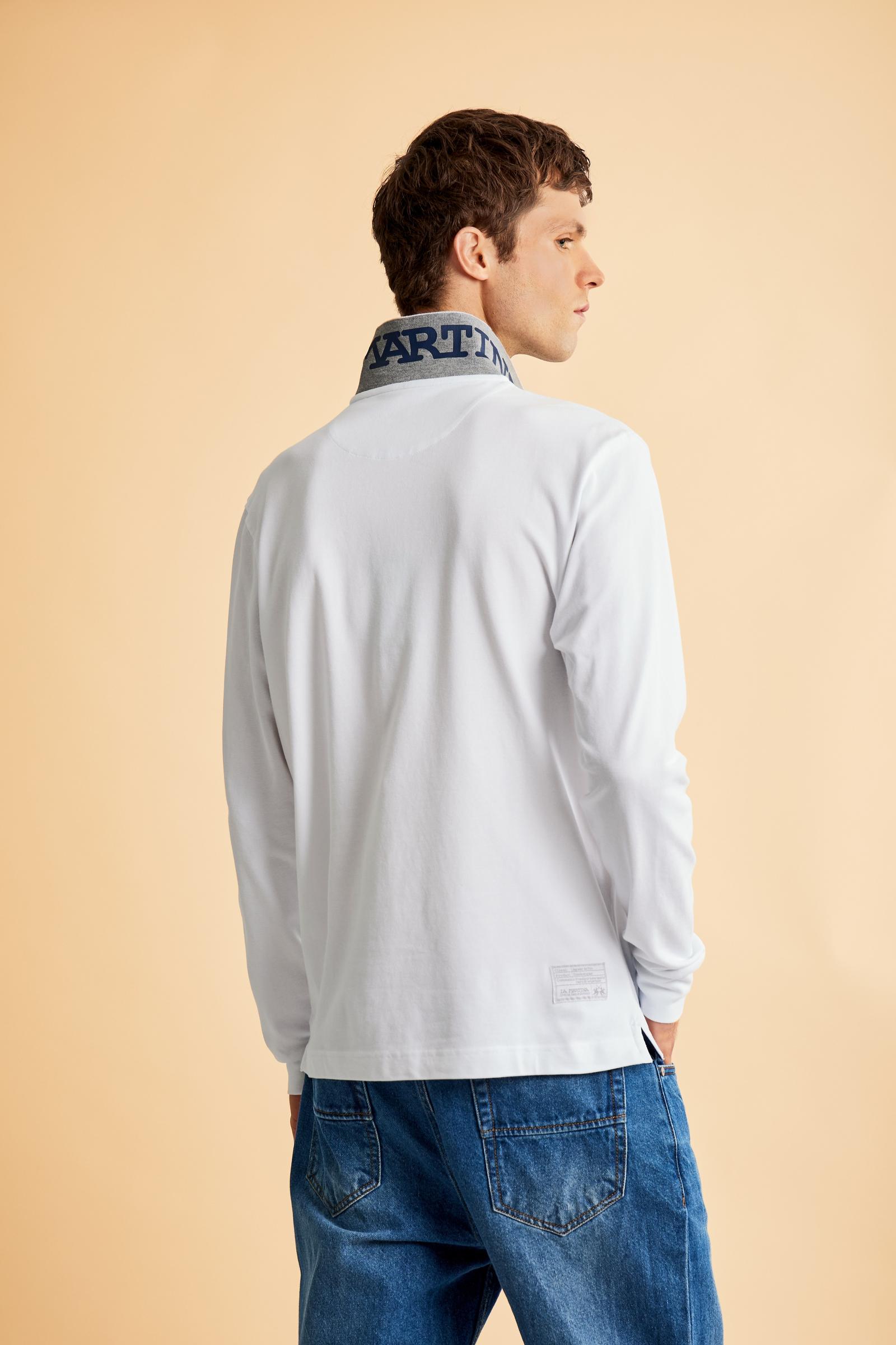 Men's long-sleeved polo shirt in stretch cotton with a regular fit - Optic White