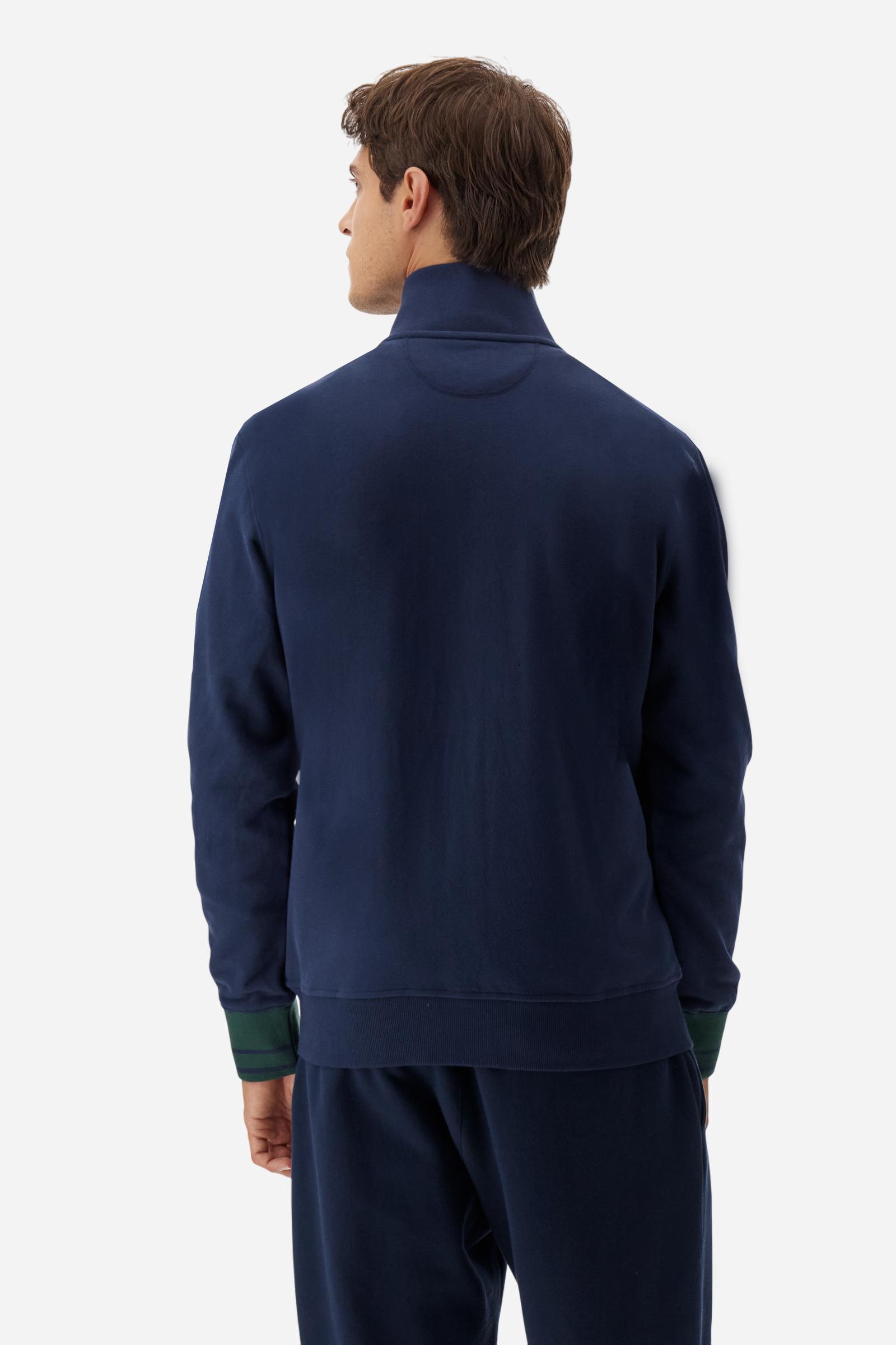 Men's long-sleeved sweatshirt in solid cotton with customised front zip. Contrast rib cuffs and inner collar with multicolour stripe add character. Chest and sleeve decorated with graphics dedicated to the English polo team, large embroidered team logo on the chest. Regular fit providing comfort and functionality. Model wears size L. - Navy
