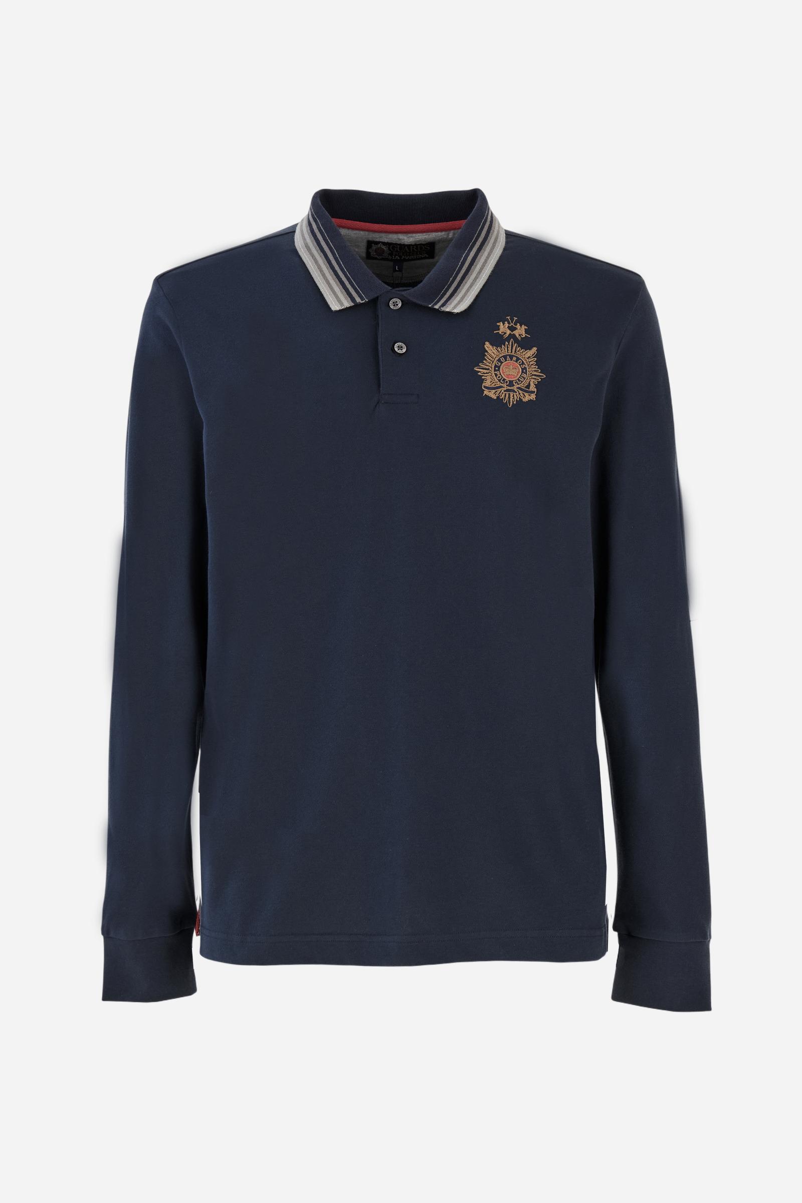 Men’s long-sleeve polo in warm cotton jersey, regular fit with ribbed striped collar, institutional model from the Guards capsule. - Navy