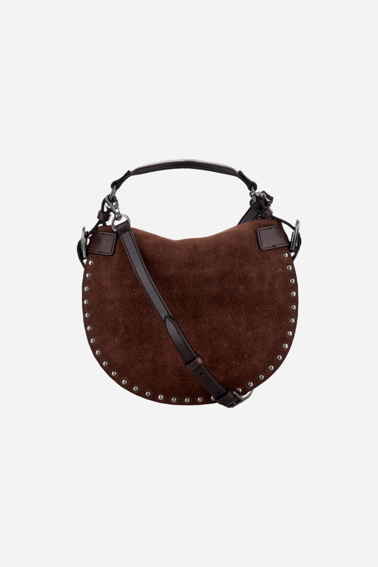 Small suede crescent bag with contrasting leather handles and strap, enhanced with small decorative studs. - D.BROWN/D.CHOCOLATE