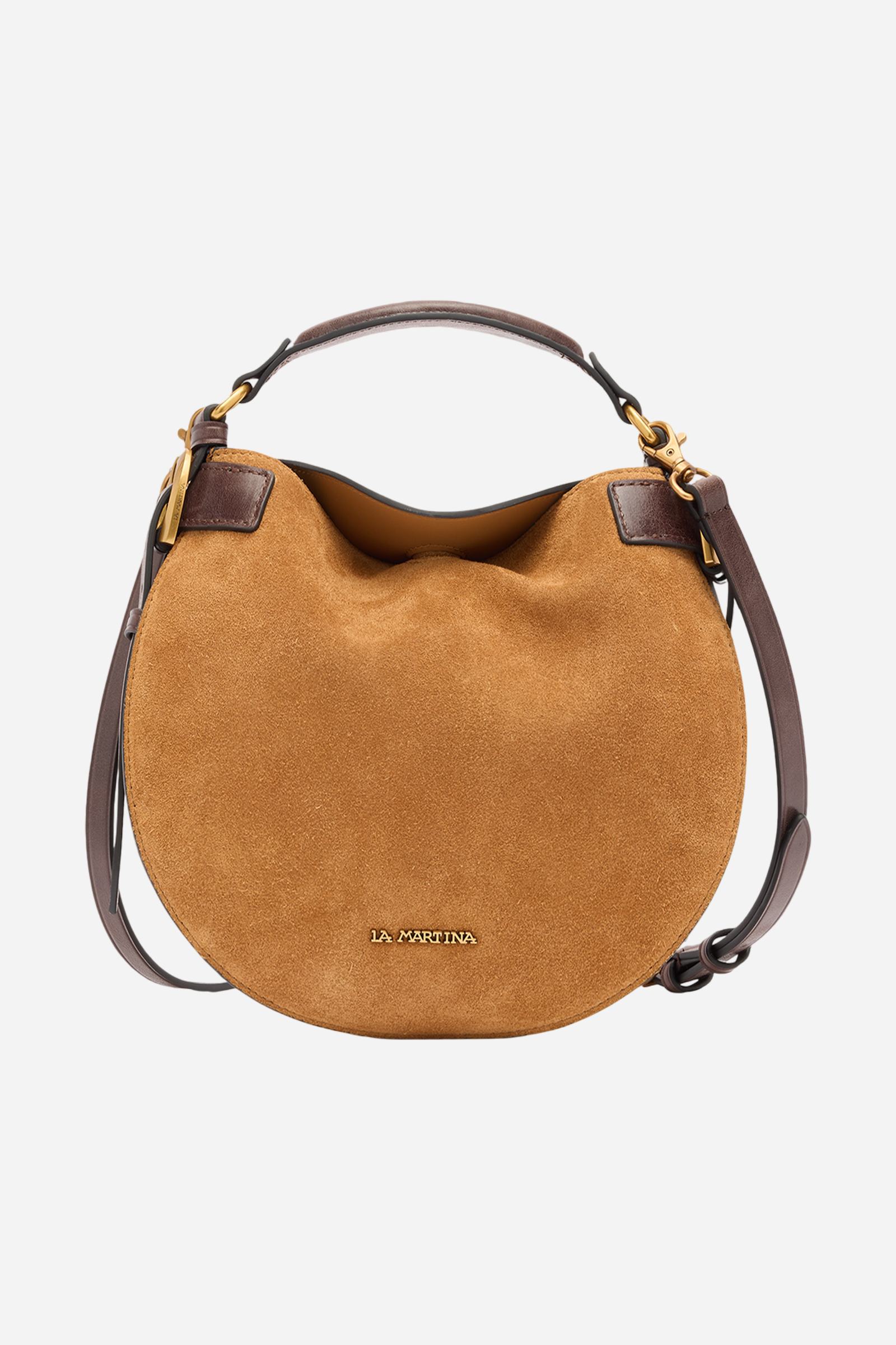 Large suede crescent bag with contrasting leather handles and strap. Features La Martina metal logo on the front. - HONEY/DARK CHOCOLATE