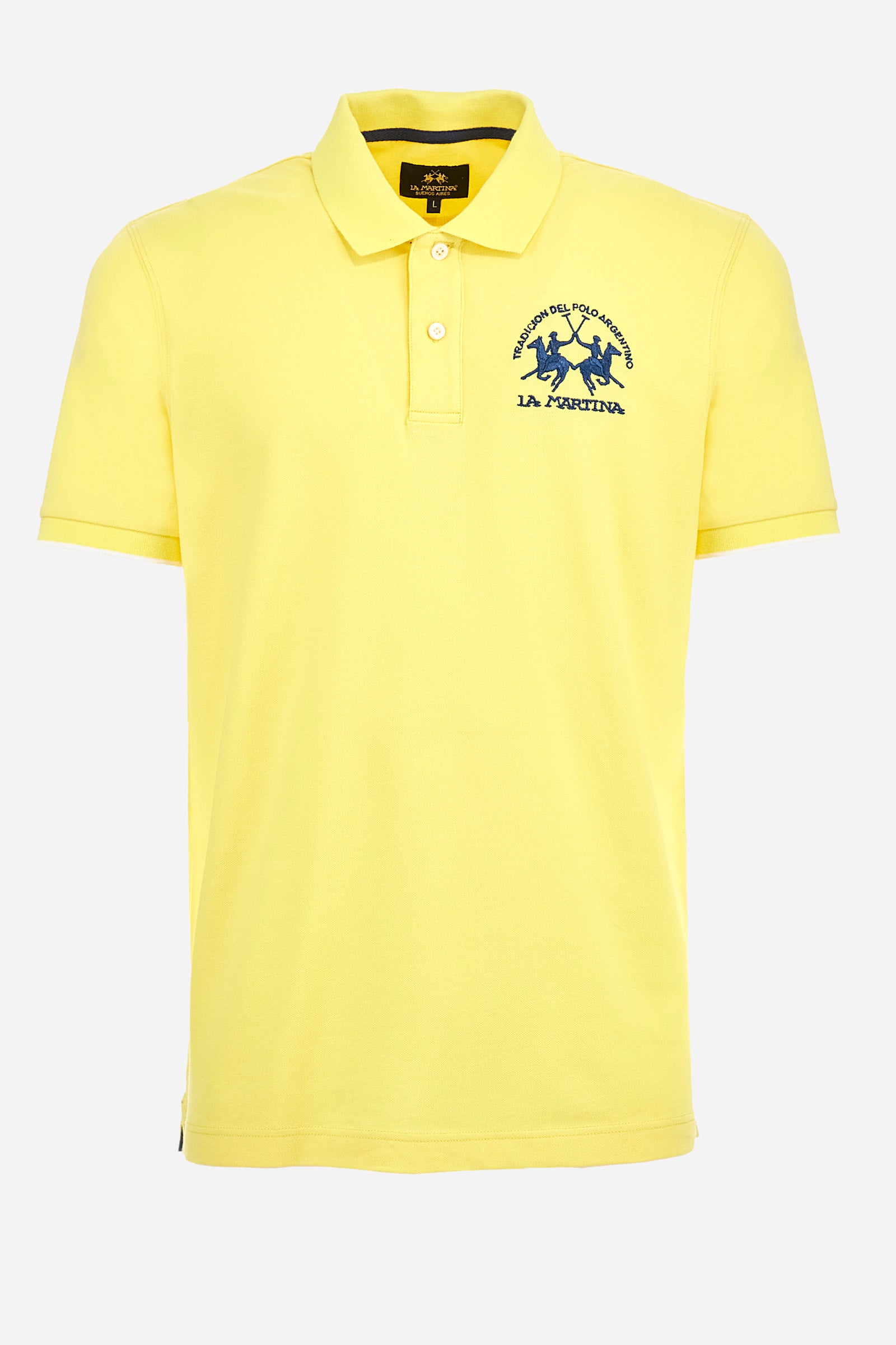 Men's plain short-sleeved polo shirt made from stretch piqué. Featuring a two-button fastening and a ribbon on the inside collar in contrasting coloured grosgrain. The collar and cuffs are in matching rib knit, with the undercollar also in rib knit but in a contrasting colour. The large logo is embroidered on the chest, left side with contrasting coloured thread. The undercollar features a print of the La Martina lettering in a contrasting colour. Regular fit. The model is wearing a size L. - Aurora