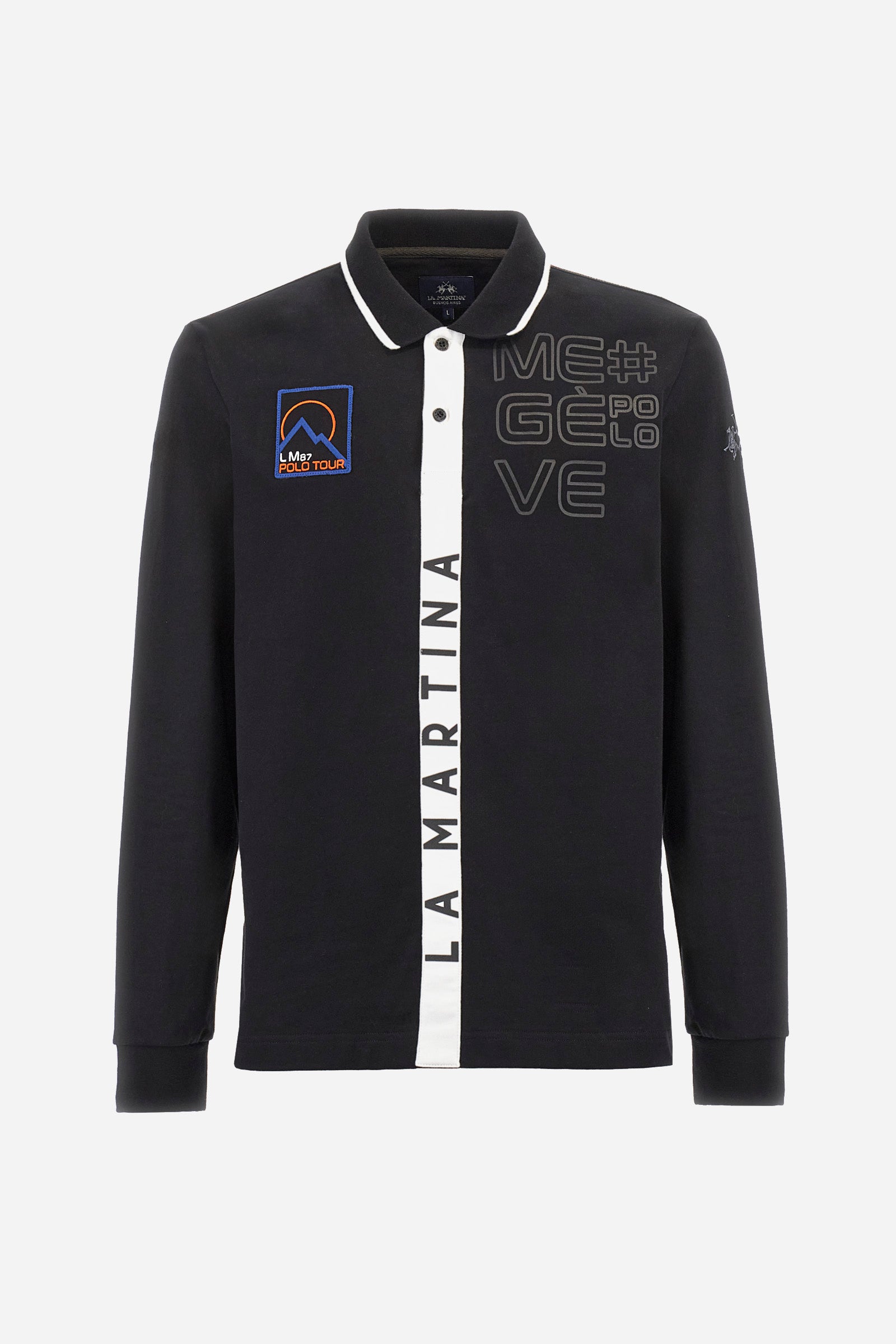 Men's single-colour long-sleeved polo shirt, made from 100% cotton. Two-button fastening. Profiled collar. In the centre of the garment is a contrasting colour stripe with La Martina printed on it. A patch and lettering are applied on the front. Regular fit. The model is wearing a size L. - Black