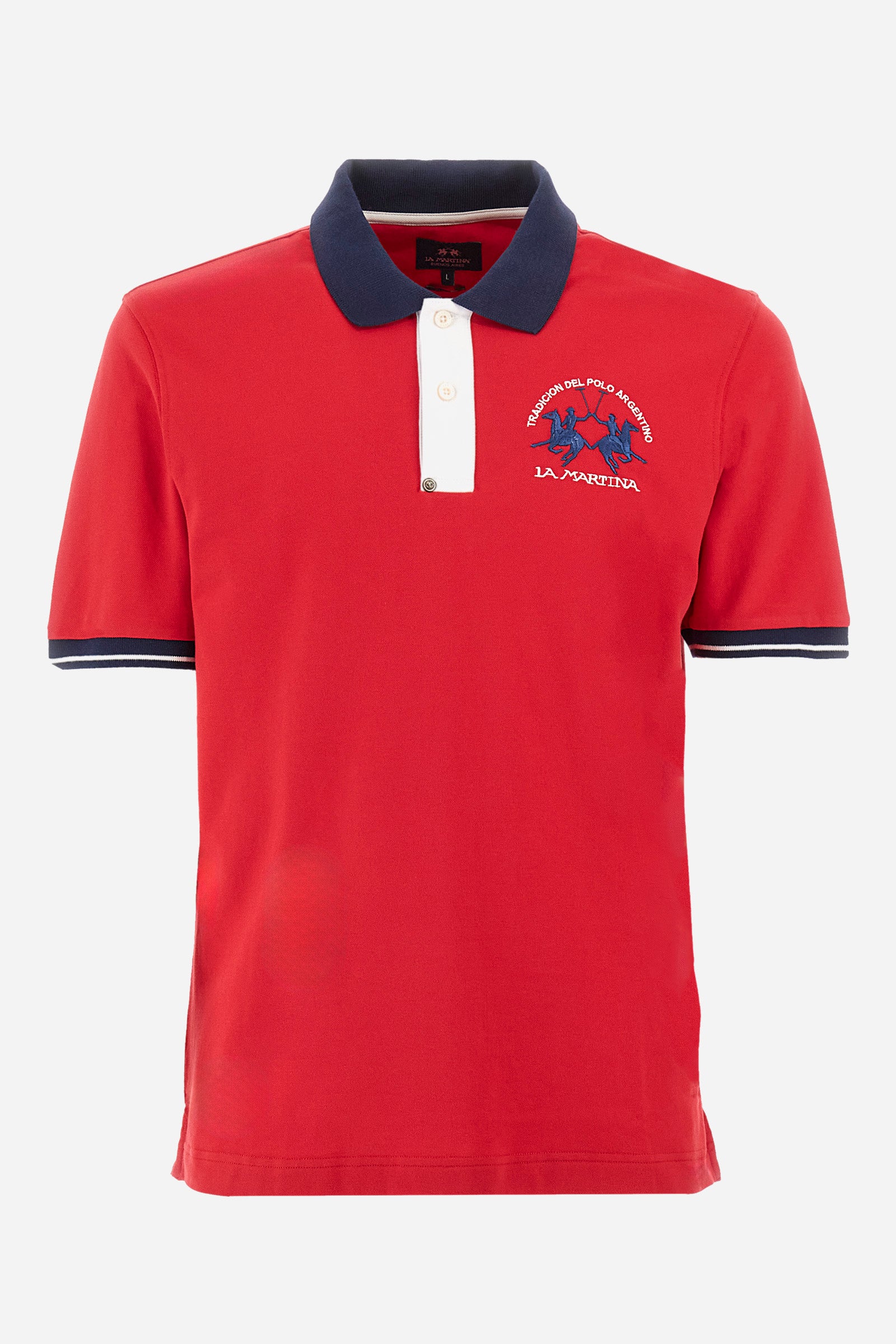 Men's single-colour short-sleeved polo in elasticated cotton. Fastens with two contrasting buttons. Ribbed collar and armholes in different shades. The "La Martina" lettering can be found under the collar. A large logo is embroidered on the chest. The fit is slim. The model wears a size L. - Formula One