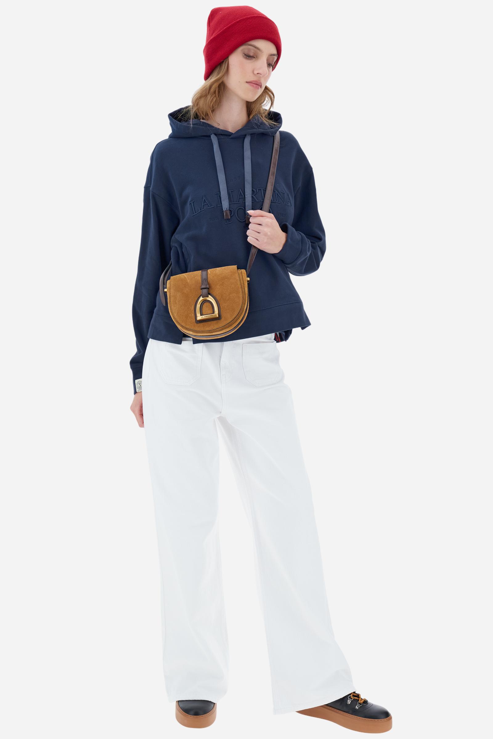 Women’s hoodie with long sleeves in 100% cotton french terry, solid colour with a velvety and warm touch. The hood is lined in tone-on-tone jersey and finished with a velvet drawstring. The chest graphic recalls the refined aesthetics of the Royal Polo theme, while the small brand logo is tone-on-tone embroidered on the sleeve. The model wears size L. - Navy