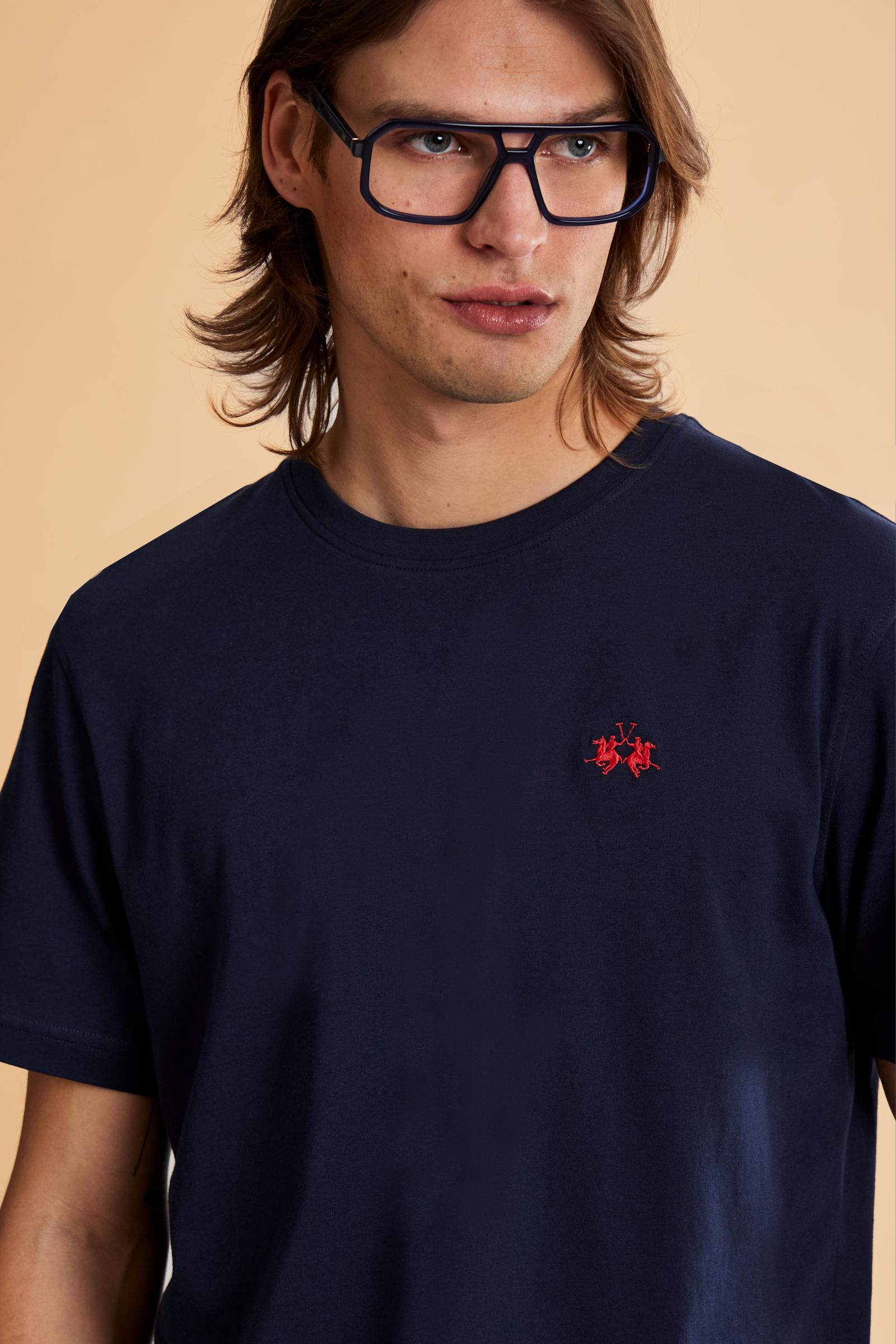 Men’s short sleeve cotton jersey T-shirt, essential style with contrast embroidered logo and regular fit. - Navy