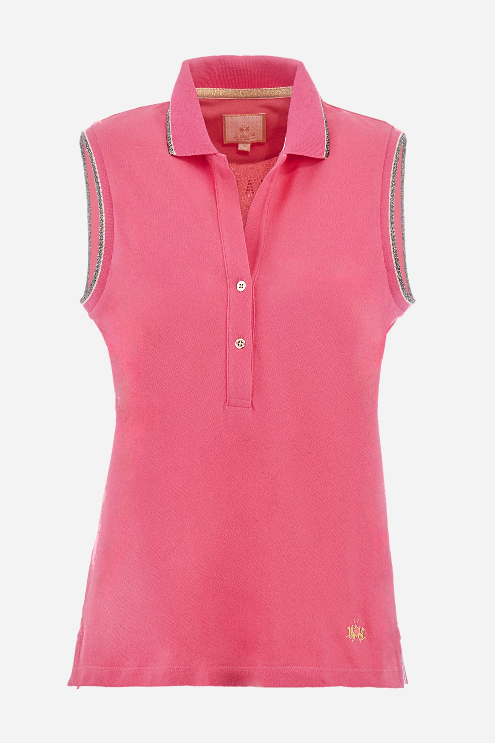 Women’s sleeveless polo shirt in solid color, made of stretch cotton. V-neck and 2 button closure. Collar and crew sleeves profiled and ribbed. Side slits. On the back there is the inscription "La Martina" composed of small rhinestones. The logo is present on the front. The fit is regular. The model wears a size 2 . - Hot Pink