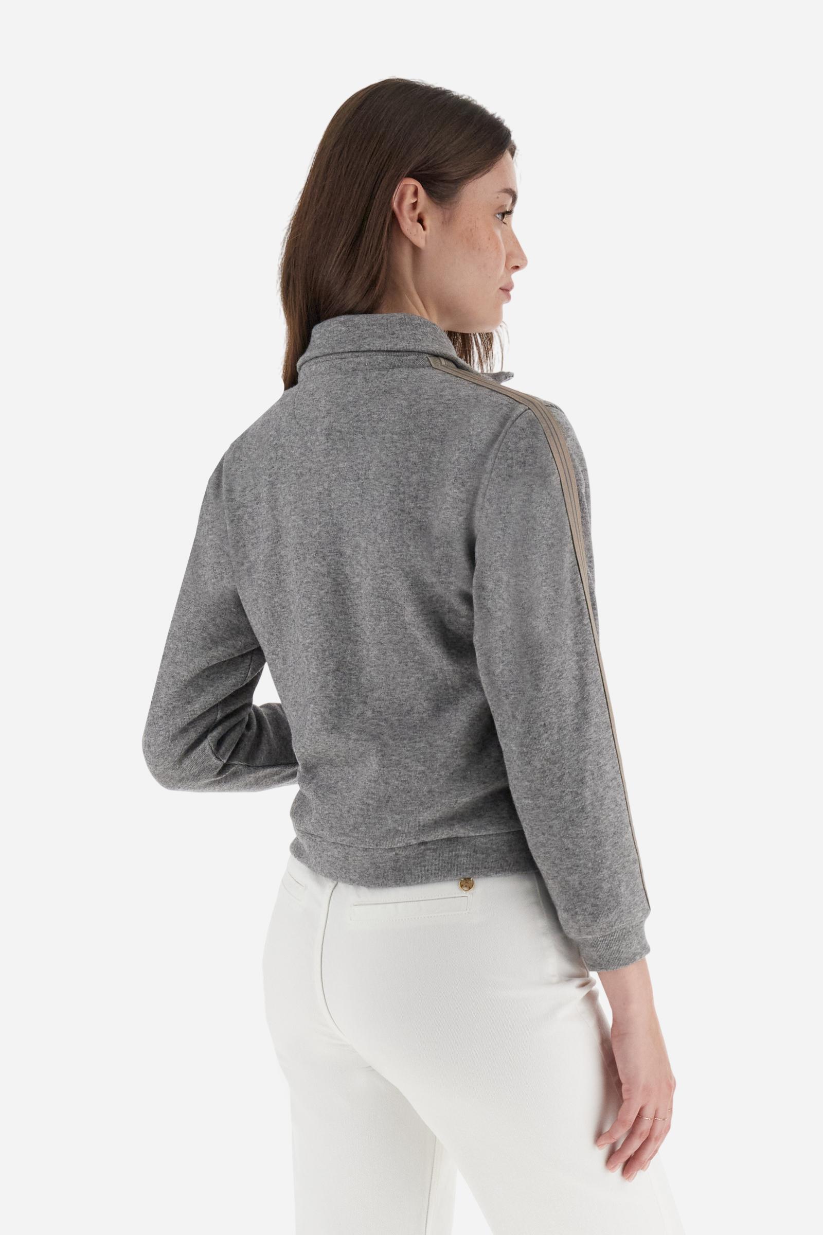 Women’s full-zip sweatshirt with long sleeves in soft interlock viscose blend, offering a luxurious feel on the skin. Straight cut with fluid line and sport-luxury details. Striped bands on the sleeves and heraldic embroidery on the chest add a contemporary touch. The model wears size 2. - Medium Heather Grey