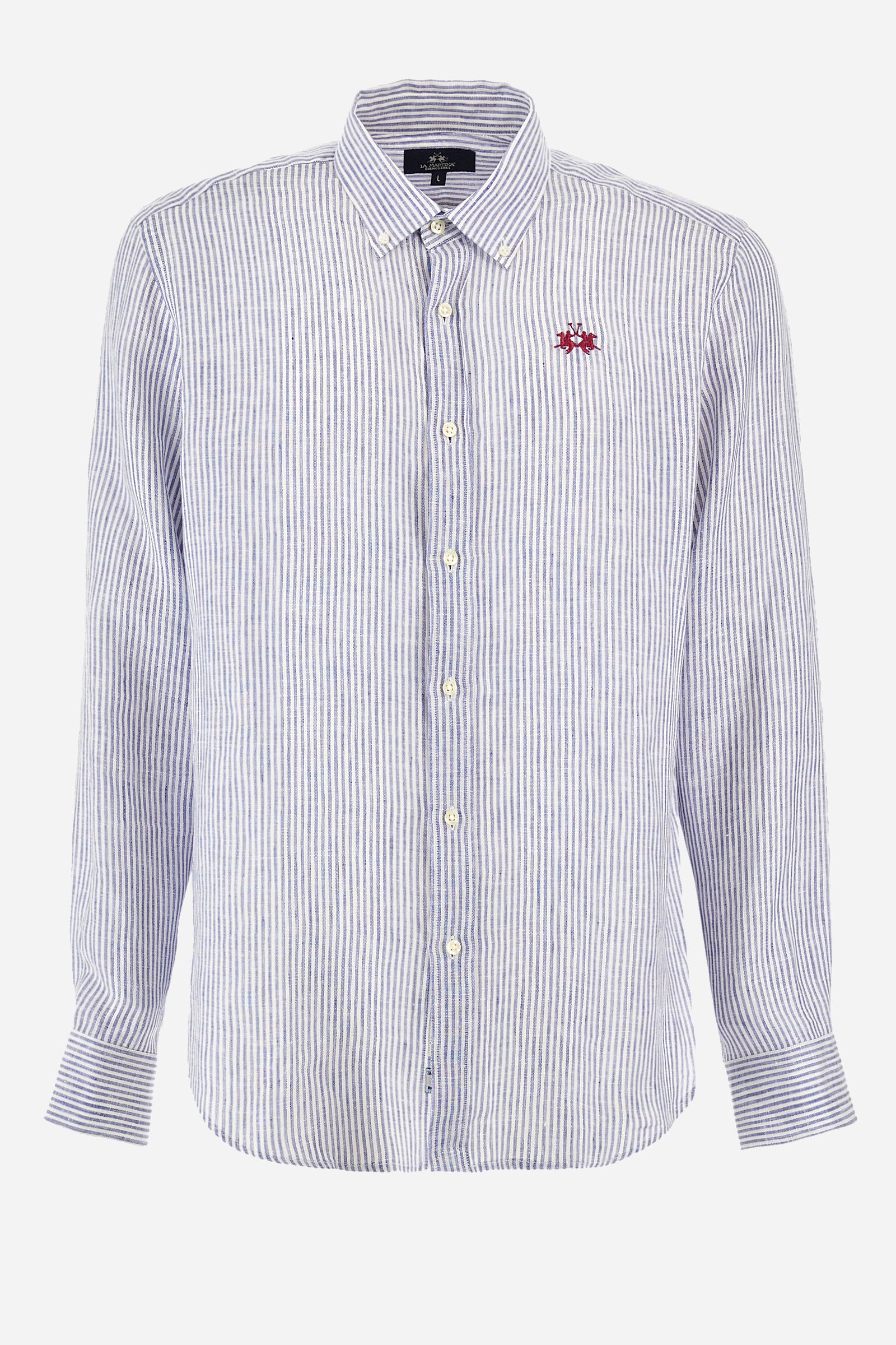 Men's long-sleeved shirt with a striped print, made of 100% linen. Button-down collar. With buttoned cuffs. With a small contrasting logo embroidered on the front. The fit is regular. The model wears a size L. - Optic White/Navy